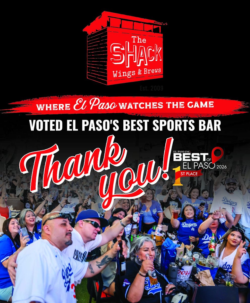 wingshack1's tweet photo. 🏆 Best Sports Bar.
🍻 Best Happy Hour.

El Paso, you voted us BOTH in Best of El Paso! 🔥

We're celebrating like we just won the championship. 😂

Thanks for making The Shack your spot for wings, brews, and game days! ❤️

#TheShack #BestOfElPaso https://t.co/Z4sfqoJDsg