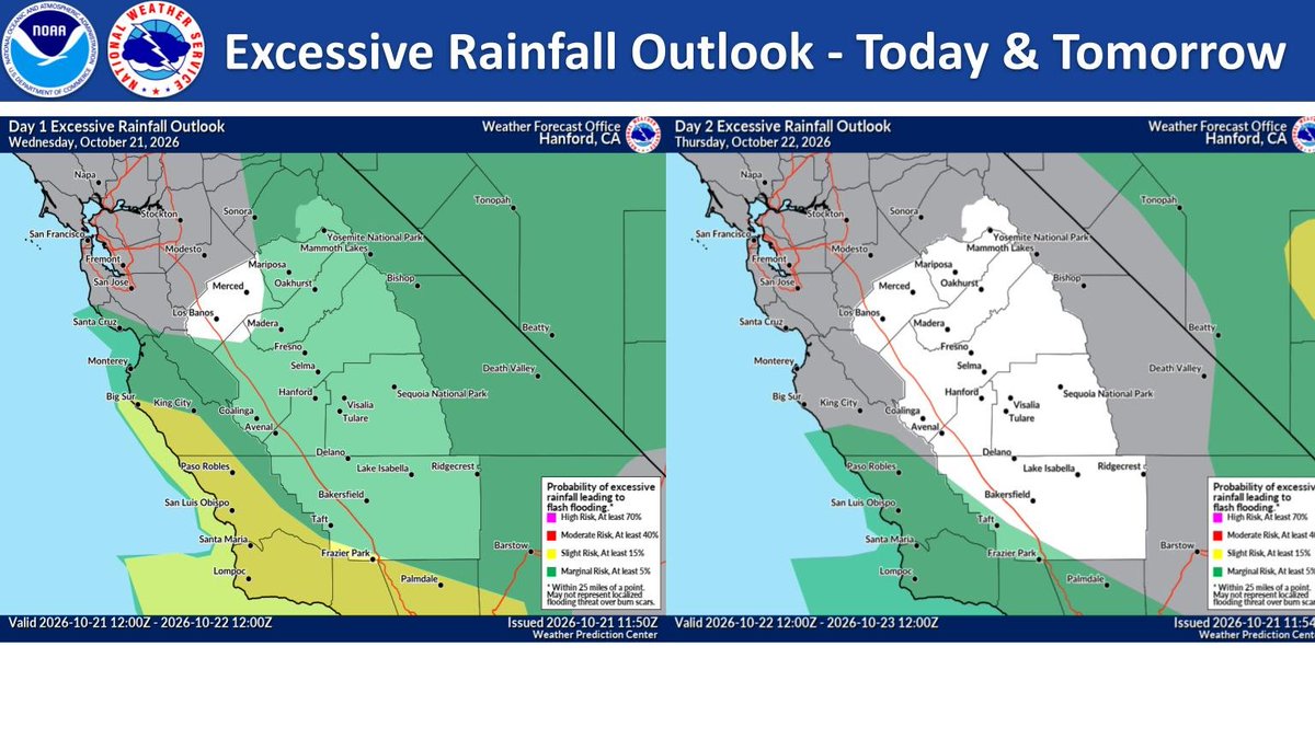 NWSHanford's tweet photo. The excessive rainfall outlook for today has most of our area in a marginal or at least 5% chance for excessive rainfall. There is a slight risk or at least 15% chance of excessive rainfall in southwestern Kern County including Frazier Park. #CAwx https://t.co/SR4de0GG9X