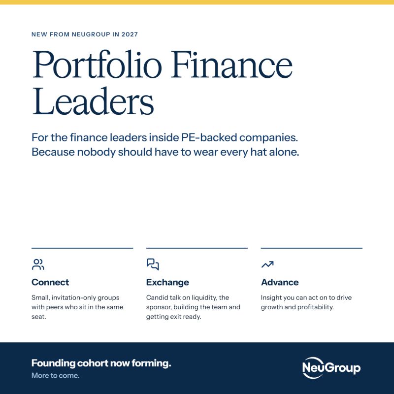 NeuGroup's tweet photo. Finance leaders at PE-backed companies face lean teams, demanding sponsors and relentless value creation targets. Exclusive peer groups for CFOs, treasurers, controllers and FP&amp;A leaders of porfoltio companies are launching in 2027. Apply here: https://t.co/Yfi59KsESG https://t.co/I9Ipd8DVpz