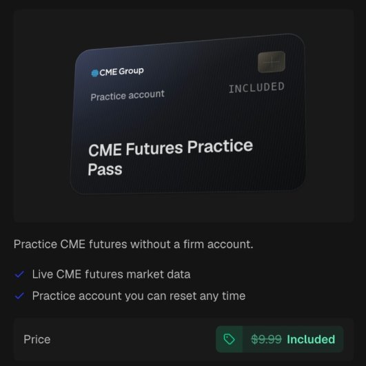 Hyperprop's tweet photo. This surprises almost every new Hyperprop trader:

Every eval you add to Hyperprop comes with a CME practice pass.

Same platform, same futures, no real account on the line. Try a setup, size up, get it wrong, try again. https://t.co/vZ2iTmndIl