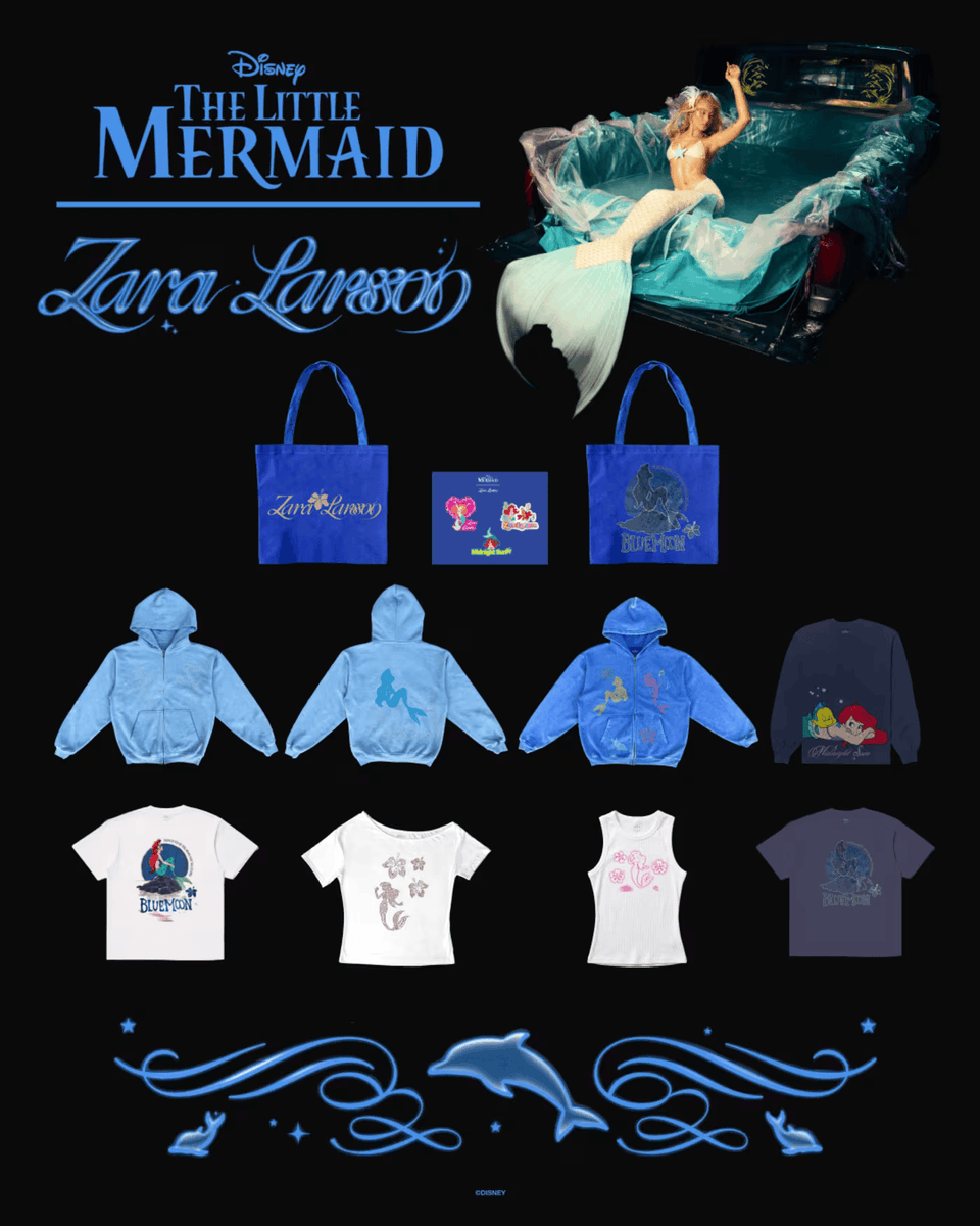 newszlarsson's tweet photo. Zara Larsson’s “The Little Mermaid Collection” has been revealed by Complex!

The collection features special-edition tees, Zara-ified Mermaid designs emblazoned on ribbed tanks, long-sleeve tops, zip hoodies, off-the-shoulder tees, tote bags, and pin sets! Releases 27th October! https://t.co/RzbMrletvO