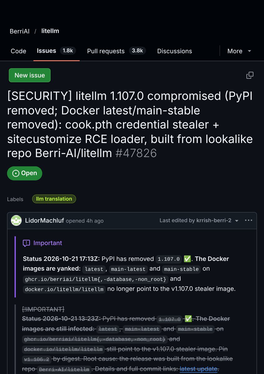 IntCyberDigest's tweet photo. 🚨 The AI gateway library LiteLLM was hijacked again in a supply chain attack.

It hid malware that runs whenever Python starts and steals SSH keys, cloud secrets and Claude Code configs.

It also raids LiteLLM's own database for every AI provider key stored. https://t.co/6nyAuaZmTM