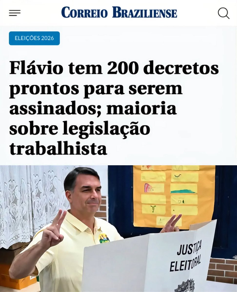 cassioolivveira's tweet photo. O Correio Braziliense (@correio) ACABA de reportar que o senador e pré-candidato à Presidência, Flávio Bolsonaro, teria mais de 200 decretos prontos para assinatura caso seja eleito. A maioria envolve mudanças nas leis trabalhistas, incluindo dispositivos relacionados à emenda constitucional que pôs fim à escala 6x1.

O que está por trás desses decretos? As propostas podem ter IMPACTO direto na vida dos TRABALHADORES brasileiros.