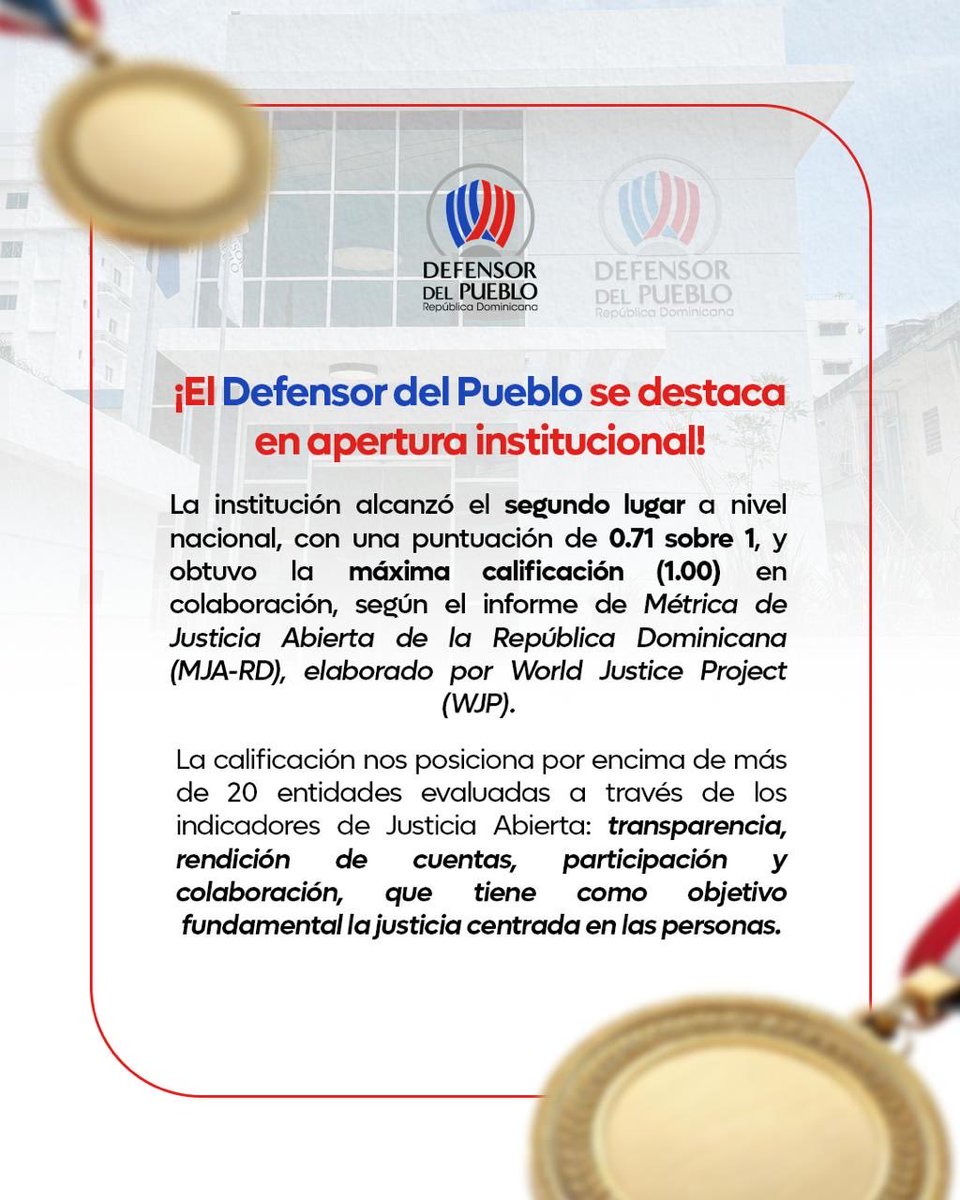 DefensorRD's tweet photo. ¡Seguimos avanzando hacia una institución más abierta, transparente y cercana a la ciudadanía! 🙌🏽🇩🇴

El informe Métrica de Justicia Abierta de la República Dominicana (MJA-RD), elaborado por World Justice Project (WJP), destaca los esfuerzos del Defensor del Pueblo para fortalecer la transparencia, la rendición de cuentas, la participación y la colaboración, promoviendo una gestión institucional centrada en las personas.

Este reconocimiento es fruto de un esfuerzo colectivo y nos motiva a continuar fortaleciendo una gestión que escucha, responde y trabaja de la mano con la ciudadanía, reafirmando nuestro compromiso con la protección de los derechos fundamentales. 💙

#DefensorDelPueblo #JusticiaAbierta #Transparencia #DerechosFundamentales