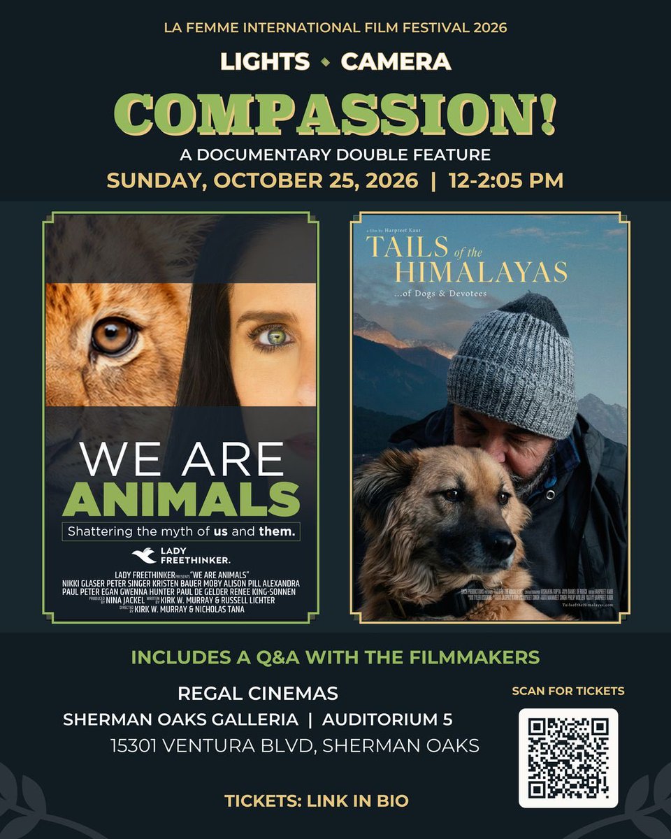 MediaKaur's tweet photo. Double the impact, double the compassion! 

Join us on October 25th at Regal Cinemas Sherman Oaks Galleria for a special double feature screening of Tails of the Himalayas and We Are Animals at the LA Femme International Film Festival.

@LadyFreethinker @DharamsalaAnima 
#Documentary #RescueDogs #DogTwitter #AnimalRescue #StrayDogs