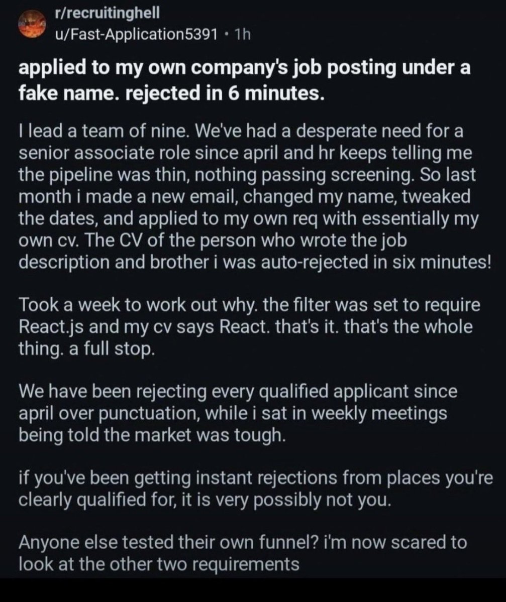 RezoCv's tweet photo. A manager applied to his own company with his own CV, under a fake name. The ATS rejected him in 6 minutes.😳👇🏻 https://t.co/4x3Sgq03tS