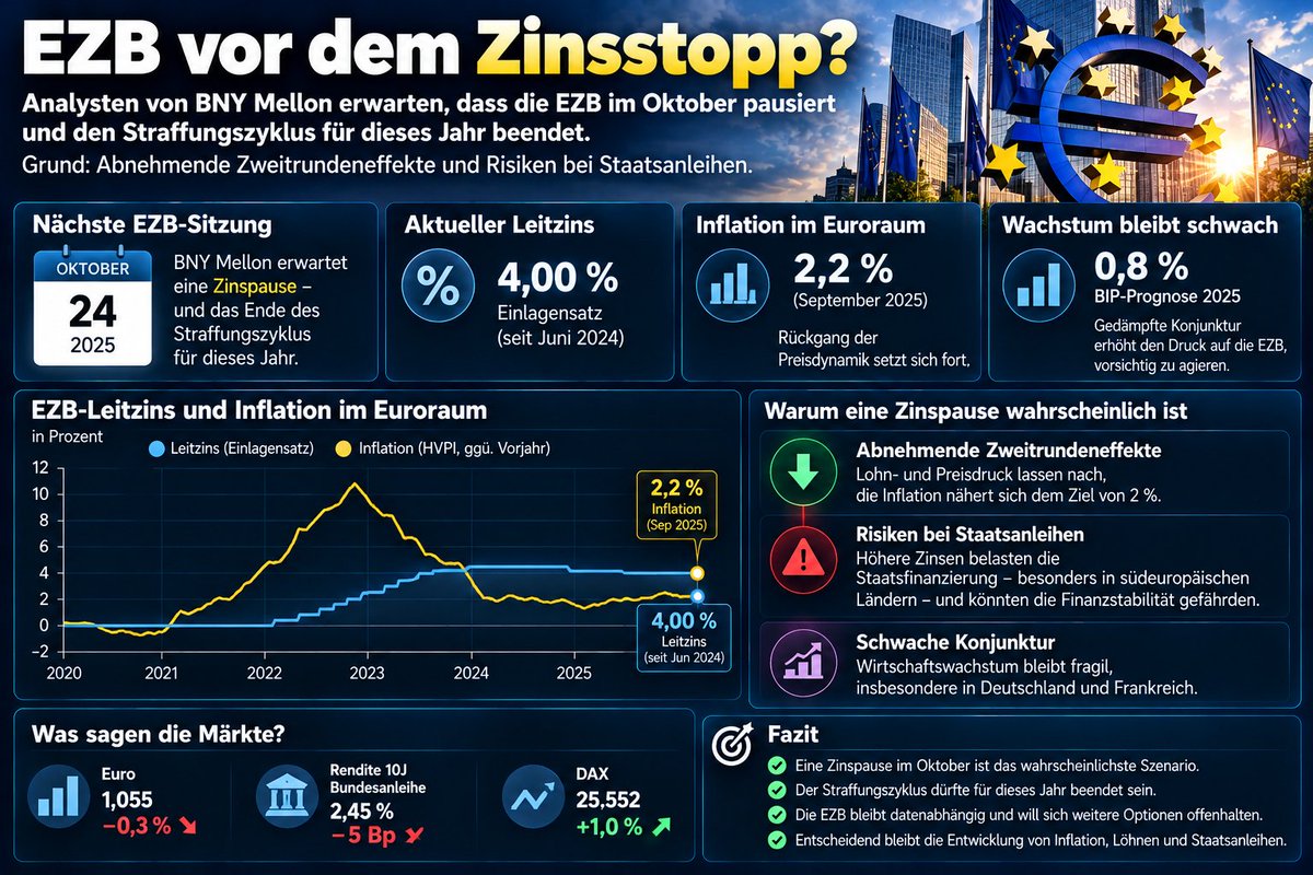 JapanWFA's tweet photo. EZB vor dem Zinsstopp? 🏦 Analysten von BNY Mellon erwarten, dass die EZB im Oktober pausiert und den Straffungszyklus für dieses Jahr beendet. Grund: Abnehmende Zweitrundeneffekte und Risiken bei Staatsanleihen. #EZB #Zinsen #Geldpolitik #Euro https://t.co/b8uvRSGDvG