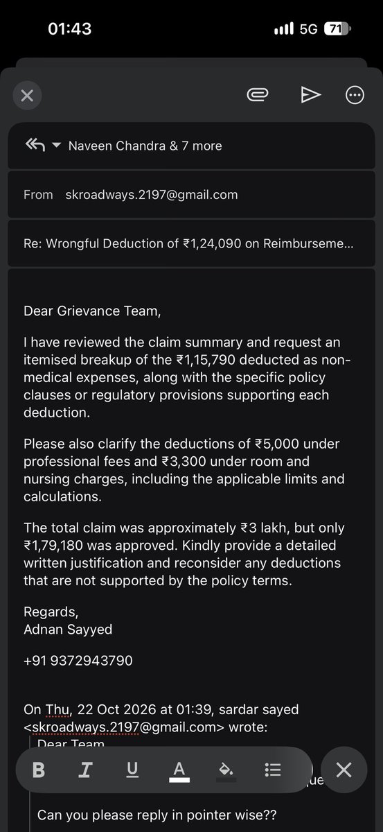 addy_sayyed's tweet photo. @abhealthin @abhealthin @mayankbathwal @irdaindia kindly ref my recent mail as per your latest remarks , deductibles?? Explain me call me explain all the things all the pointers m not satisfied https://t.co/XVholzyATq