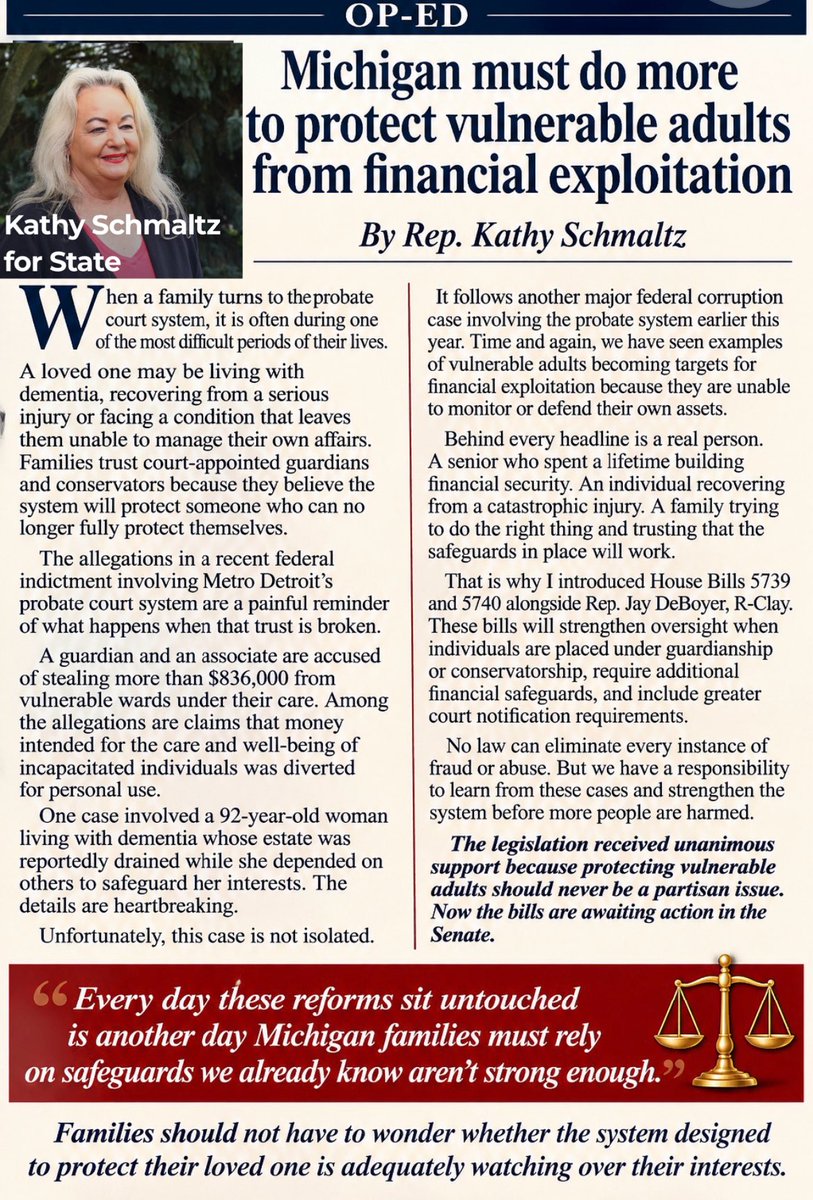 MifsudCynthia's tweet photo. 🙄REP. KATHY SCHMALTZ JUST MADE MY POINT FOR ME

I read Rep. Kathy Schmaltz’s op-ed claiming Michigan must do more to protect vulnerable adults from financial exploitation, and I couldn’t help but notice the contradiction.

She writes that families trust court-appointed guardians and conservators because they believe the system will protect their loved ones.

She acknowledges that vulnerable people are being financially exploited.

She acknowledges that safeguards have failed.

She even writes that families should not have to wonder whether the system designed to protect their loved one is adequately watching over their interests.

Exactly.

So why does the solution continue to be MORE LAWS without addressing what happens when the people responsible for enforcing those laws — including probate judges — fail to follow them?

I personally spoke to Rep. Schmaltz during a Families and Veterans Committee meeting and told her exactly this:

We don’t simply need more laws. We need accountability when the laws already on the books are ignored.

That is the part I believe Lansing continues to avoid.

Schmaltz congratulates the House for passing HB 5739 and HB 5740 and says these bills will provide additional financial safeguards and accountability.

But accountability for whom?

What happens when a guardian violates the law?

What happens when a conservator fails to protect someone’s assets?

And most importantly, what happens when a probate judge approves it, overlooks it, or fails to enforce the safeguards already required by law?

Passing another bill does not answer that question.

You can require another notice.
You can require another accounting.
You can establish another financial threshold.
You can require another court approval.

But if the ultimate safeguard is still “the judge will make sure the law is followed,” what protection does that provide to a family whose complaint is that the court itself failed to enforce the law?

That is the disconnect I have been trying to explain.

And I say this as someone who lived through the probate system with my own mother.

I am not arguing that every new safeguard is bad. I am saying a safeguard without enforcement is only words on paper.

Where is the independent oversight?

Where is the meaningful review when a probate court gets it wrong?

Where are the consequences when statutory protections are ignored?

Where is the fast, affordable remedy for a vulnerable adult whose money, home or rights are being lost while a family spends years trying to appeal?

Rep. Schmaltz ends her article by saying:

“Families should not have to wonder whether the system designed to protect their loved one is adequately watching over their interests.”

On that, I completely agree.

But that means we have to be willing to examine the entire system — including the courts themselves.

Passing more laws and then congratulating legislators for passing them does not solve the underlying problem if nobody is willing to address what happens when those laws aren’t followed.

Real reform is not measured by how many bills Lansing passes.

It is measured by whether the vulnerable person standing at the center of a probate case is actually protected.

And until we have meaningful judicial oversight and accountability, families like mine are going to keep asking:

Who holds the court accountable when the court fails to follow the law? 🤯⚖️
#Michigan #probate #guardianship #abuseofpower #isolation #dementia #accountability #justiceforbettyhayes