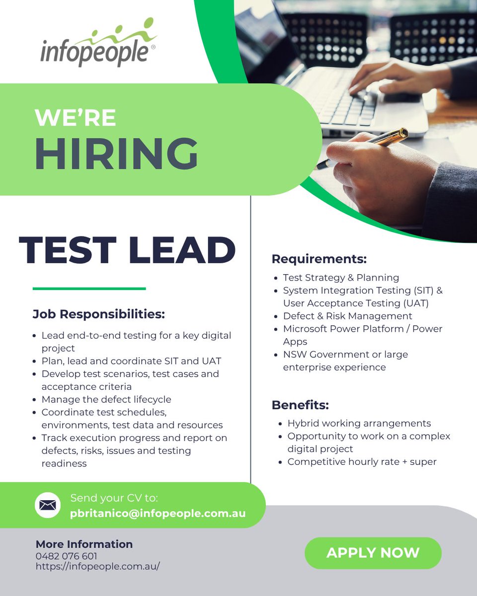 Infopeopleau's tweet photo. @Infopeopleau is #hiring! 📢📢
 
We are looking for a skilled #TestLead👇
https://t.co/IBUjKH67Uk

Reach out to us at 0482 076 601 OR visit 𝐰𝐰𝐰.𝐢𝐧𝐟𝐨𝐩𝐞𝐨𝐩𝐥𝐞.𝐜𝐨𝐦.𝐚𝐮.

#testlead #testanalyst #UAT #SIT #systemintegration #ACTgovernmentjobs https://t.co/tgV9HmAxUv