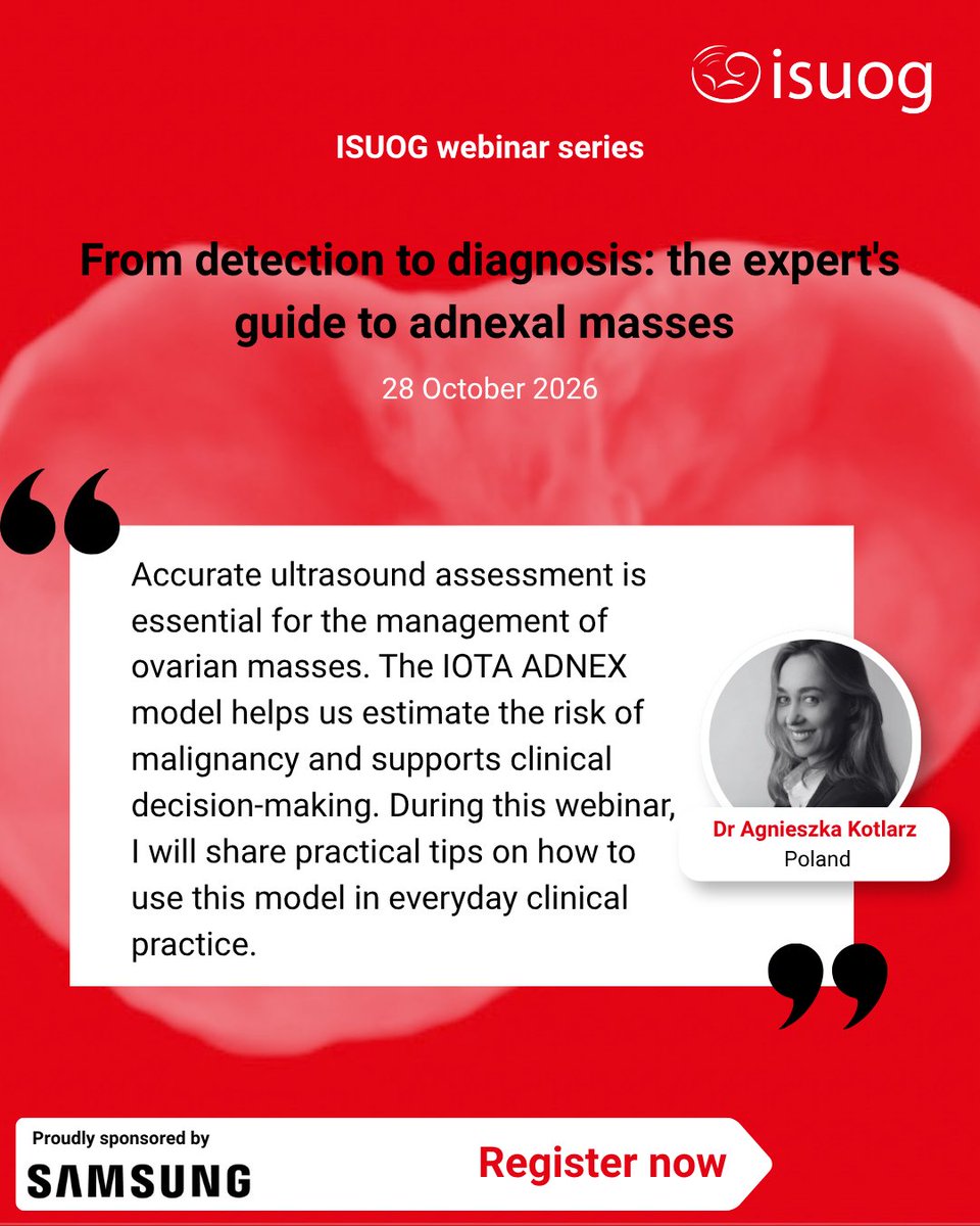 ISUOG's tweet photo. 🚨 New speaker announced 🚨 

Dr Agnieszka Kotlarz joins A/Prof. Ligita Jokubkiene, Dr Valentina Chiappa and Prof. Lil Valentin as a speaker at our upcoming free webinar, sponsored by Samsung, From detection to diagnosis: the expert's guide to adnexal masses🤩. 

Hear from Dr Agnieszka on what you can expect to learn from this free webinar.

Find out more and register here: https://t.co/7V7MIFNXUF

#LoveUltrasound #ISUOG2026 #adnexalmasses