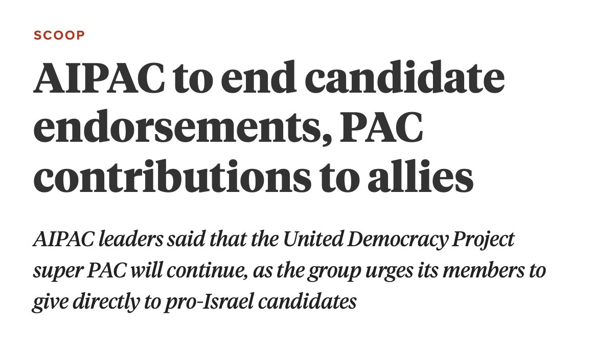 TrackAIPAC's tweet photo. "AIPAC announced on Wednesday that, after three cycles of direct political involvement through its political action committee AIPAC PAC, it will no longer issue endorsements or directly earmark contributions to candidates, but said it will remain involved in political organizing and fundraising in other ways, including with its influential super PAC."