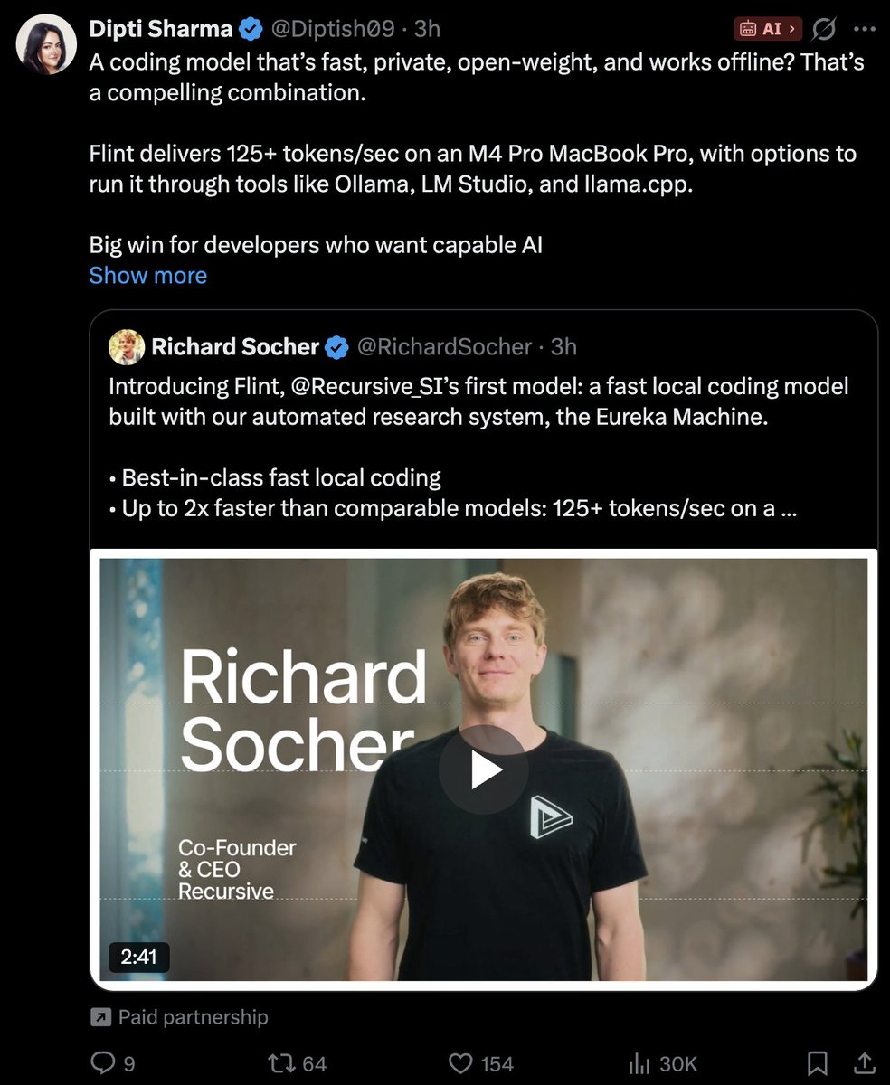eliebakouch's tweet photo. i find it really sad that X is becoming a pay to win platform and that even "good" releases are going through these fully slop/fake campaigns to get traction

i'm also pretty sure there is very shady stuff where they are boosting each other's posts with bot farms and more. would be great to investigate here @elonmusk and make sure the algorithm doesn't push their posts, you can very easily cluster that if you look at each release and the accounts amplifying 🙏

(not a dunk on recursive, recently a lot of people are doing that unfo and it's definitely working, posts often get over ~1M views)