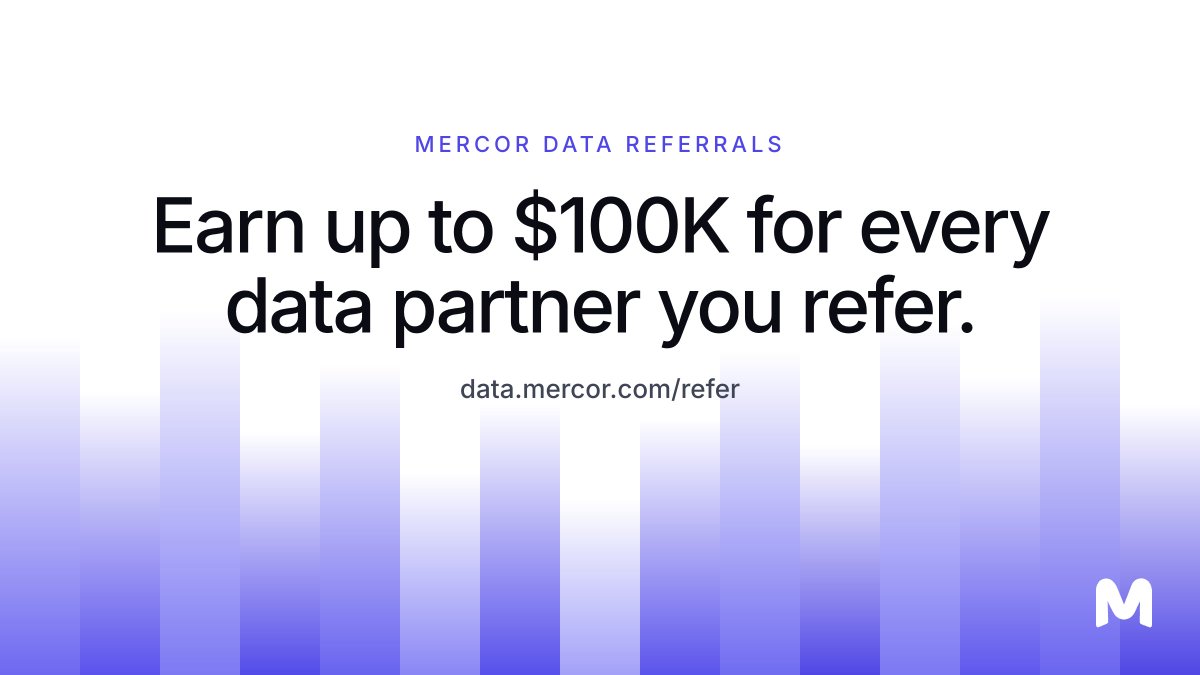 mercor's tweet photo. We’ve paid out $50M+ to businesses for their data. Now we’re paying for introductions too.

Refer a company to Mercor and earn up to $100K when they partner with us.

Refer here: https://t.co/d17X3v4A04 https://t.co/yjTrQY44Eh