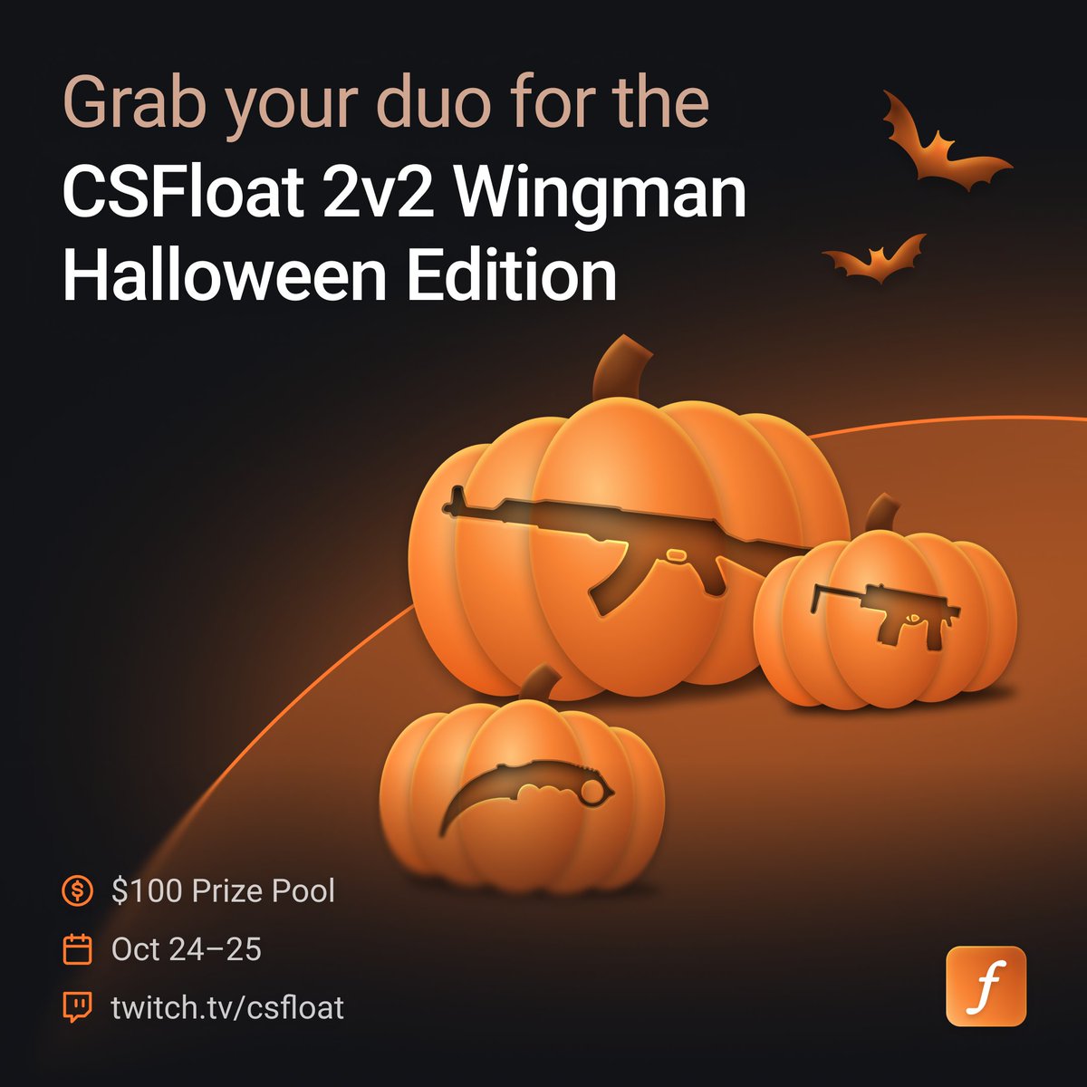 csfloatcom's tweet photo. Grab your duo! We’re hosting a low-stakes CSFloat 2v2 Wingman Tournament just in time for Halloween! 🎃

We currently have a few spots left, so claim your spot now.

🗓️ Oct 24-25
💰 $100 Prize Pool
📺 Live on twitch. tv/csfloat w. Steve & Kaonashi

Capped at 16 teams, so register now! 
(Form in comments).