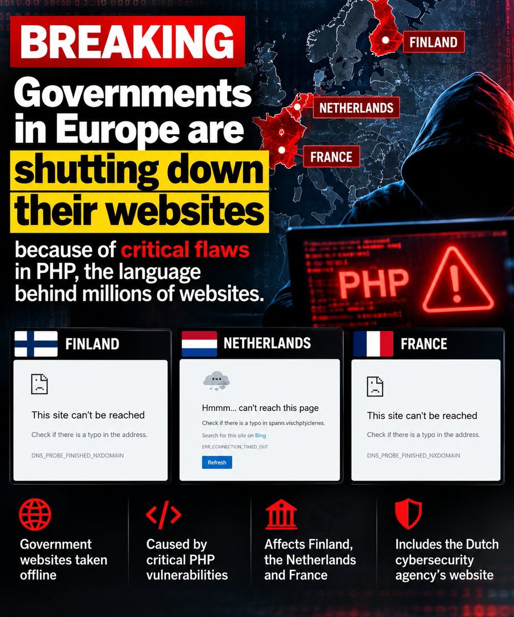 GFNIND's tweet photo. 🚨 BREAKING: Critical PHP vulnerabilities reportedly force government websites offline in Finland, the Netherlands and France, including the Dutch cybersecurity agency’s website. https://t.co/JtuyYUPu31