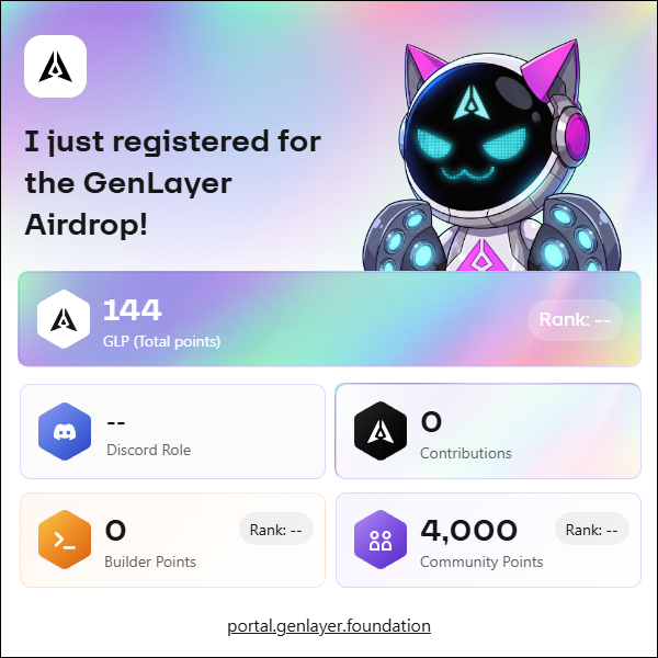 tomassequig's tweet photo. I registered for the GenLayer airdrop! Verify your activity and join the GenLayer community. https://t.co/a6kvTqv5ZI 
My @GenLayer airdrop registration is complete. Happy to be involved and show my support for the community. https://t.co/vjvb3RAiry