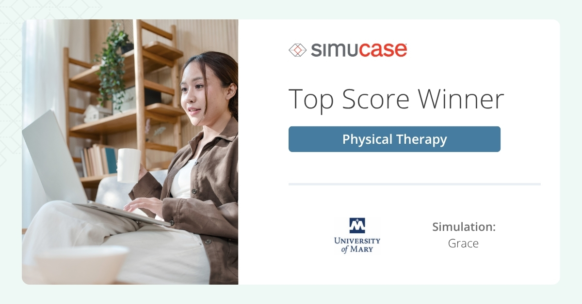 Simucase's tweet photo. Congratulations from the Simucase team to @umary and their physical therapy program, the top score winner for our PT simulations this week on #simucase! GO #FuturePTs #ptstudent #pt2b #LifeatMary #UMaryOnline https://t.co/gEMYYDxTiN