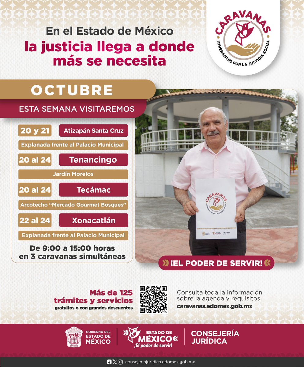 CEAVEM's tweet photo. 📜✨Del 20 al 24 de octubre, las Caravanas Itinerantes por la Justicia Social estarán en #Tenancingo, #Tecámac, #SantaCruzAtizapán y #Xonacatlán, para acercar trámites, orientación y servicios a las comunidades mexiquenses.

#AcercandoLaJusticiaALaGente #ElPoderDeServir https://t.co/5XnKK70c3m