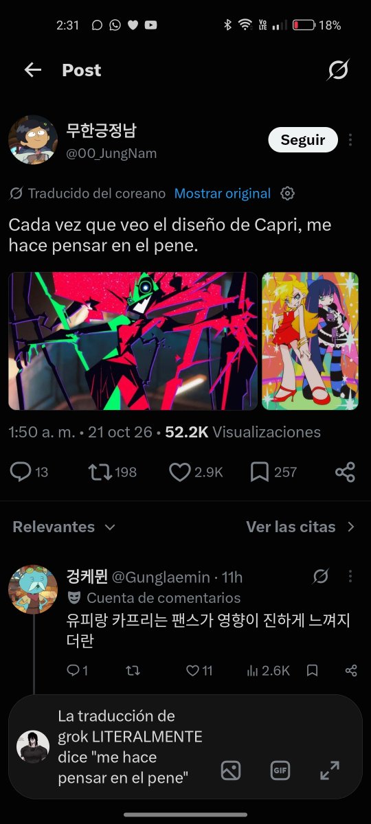 Thor_candado's tweet photo. @00_JungNam La traducción de grok LITERALMENTE dice "me hace pensar en el pene" 

Lo siento por ti amigo coreano https://t.co/NwwgMBQxcP