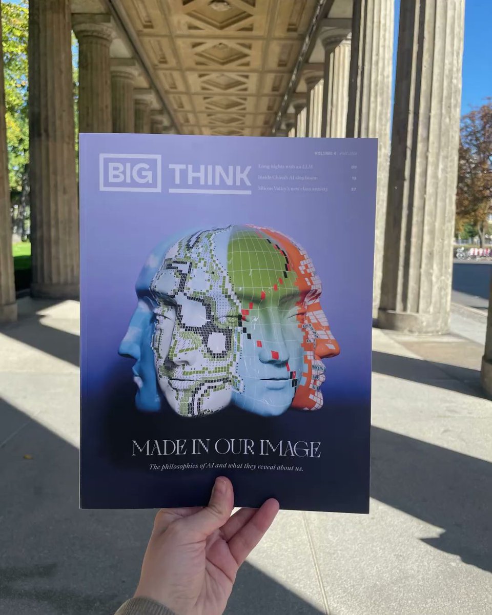 bigthink's tweet photo. Our fall issue is here! Made In Our Image explores the philosophies of AI and what they reveal about us, with @dioscuri, @mer__edith, @max_spero_, @philosophyminis and more. Get the magazine: https://t.co/B2pKvDiXFq https://t.co/kHzjGzhlkx