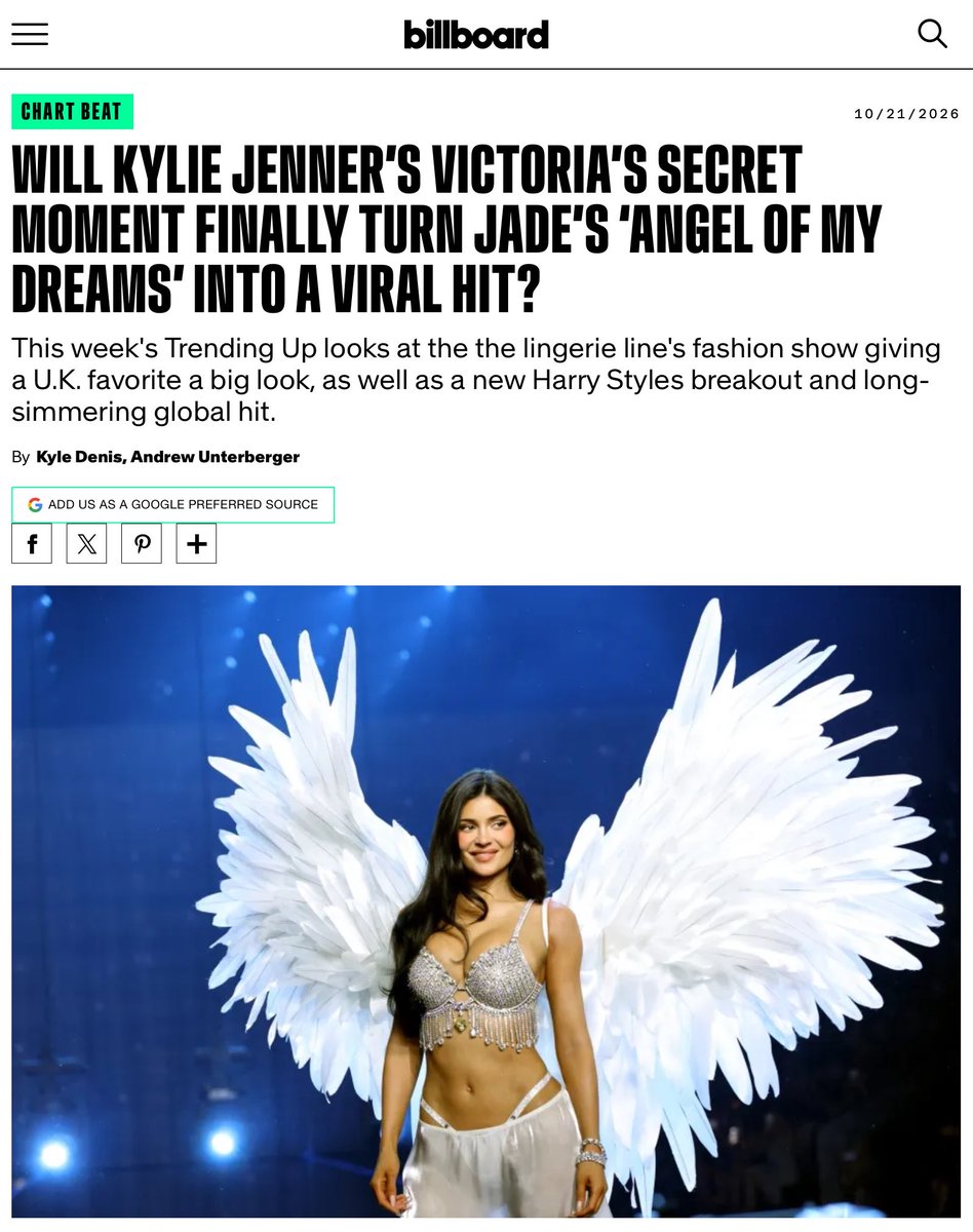 JADEtearoom's tweet photo. Billboard spotlight Angel Of My Dreams by JADE as a potential “viral hit” in their latest  ‘Trending Up’ feature:

“BRIT Award-winning pop sensation JADE did not take the stage [at the Victoria’s Secret Fashion Show], but her beloved debut solo single, ‘Angel of My Dreams’, soundtracked Kylie Jenner’s sultry, $50 million Fantasy Bra-sporting catwalk.

After Kylie hit the runway (Oct. 18), ‘Angel’ ballooned by a jaw-dropping 1,434%. On Wednesday (Oct. 21), ‘Angel’ debuted on the Spotify US Daily Top Songs USA chart at No. 197, two and a half years post-release.

With Tate McRae joining a performance lineup that included Megan Thee Stallion, KATSEYE and Megan Moroney, and JADE scoring key syncs alongside fellow rising pop divas Slayyyter and ADÉLA, this year’s Victoria’s Secret Fashion Show minted a new class of high-wattage pop stars.”