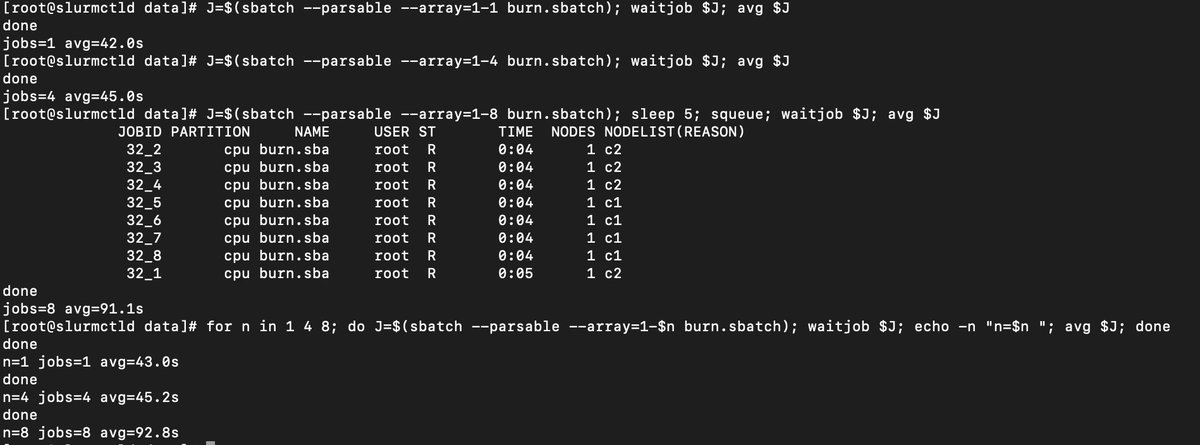 arshmalik02's tweet photo. week 0: plain slurm on a 4-cpu docker cluster, before any qpu.
slurm saw 8 cpus on a 4-cpu vm.
1 job: 43s, 4 jobs: 45.2s, 8 jobs: 92.8s (2.16x)
it believed the config, not the hardware.
a scheduler only knows what it's told. 4 more surprises below 👇 https://t.co/jpuHnMYTDX