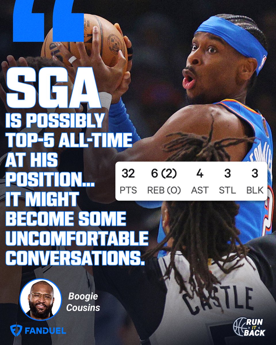 RunItBackFDTV's tweet photo. SGA showed on night one of the NBA season that he’s ready for a third straight MVP 🏆🏆🏆

Boogie Cousins says that could create uncomfortable convos on the point guard position 🗣️ https://t.co/qPMtGZqJdf