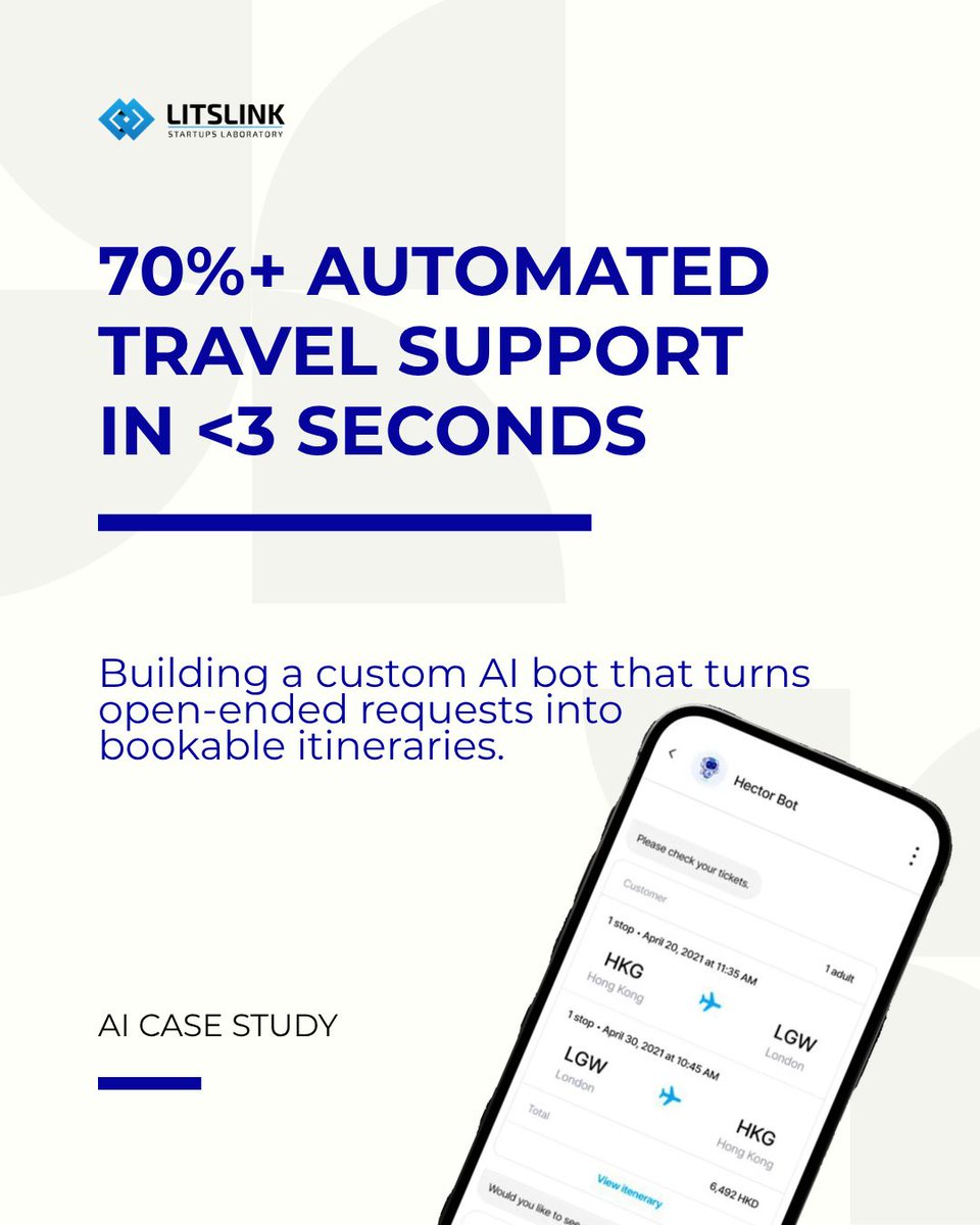 LitsLink's tweet photo. Personalized travel plan in <3s with zero support agents ✈️

We built an AI Travel Bot turning "warm week in Oct" into bookable plans.

🔸 70%+ auto-resolved
🔸 <3s response
🔸 5+ APIs
🔸 10+ languages

Dialogflow + custom NER.

Case study: https://t.co/2NLwQO41Dj https://t.co/d1xbnj69cf