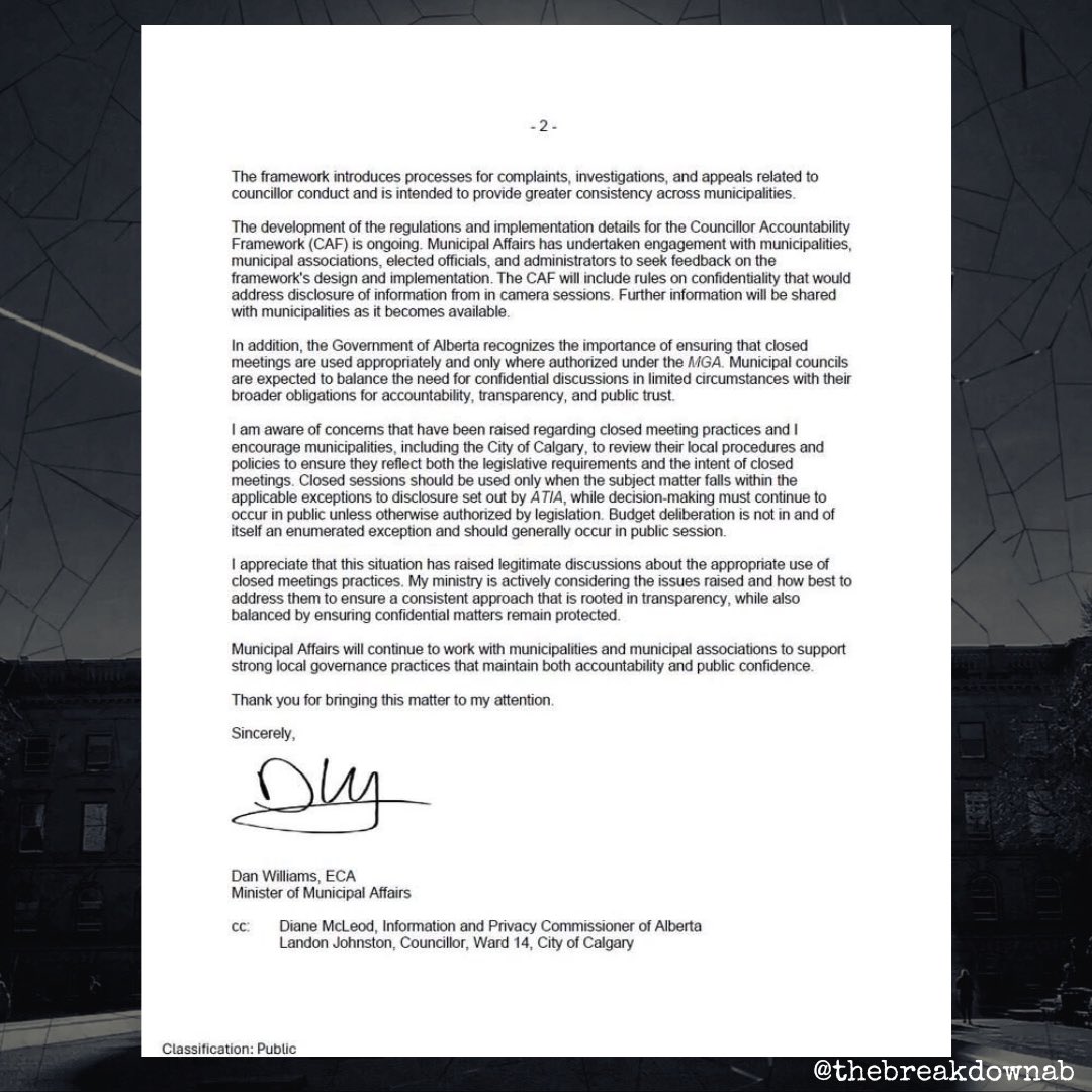 TheBreakdownAB's tweet photo. Dan Williams has written to Calgary Mayor Jeromy Farkas saying that breaking confidentiality is super bad but they haven’t developed the new rules after removing municipalities ability to police themselves so what are you gonna do?

The councilor employing Smith’s bestie skates. https://t.co/Z77fpZ1OqI