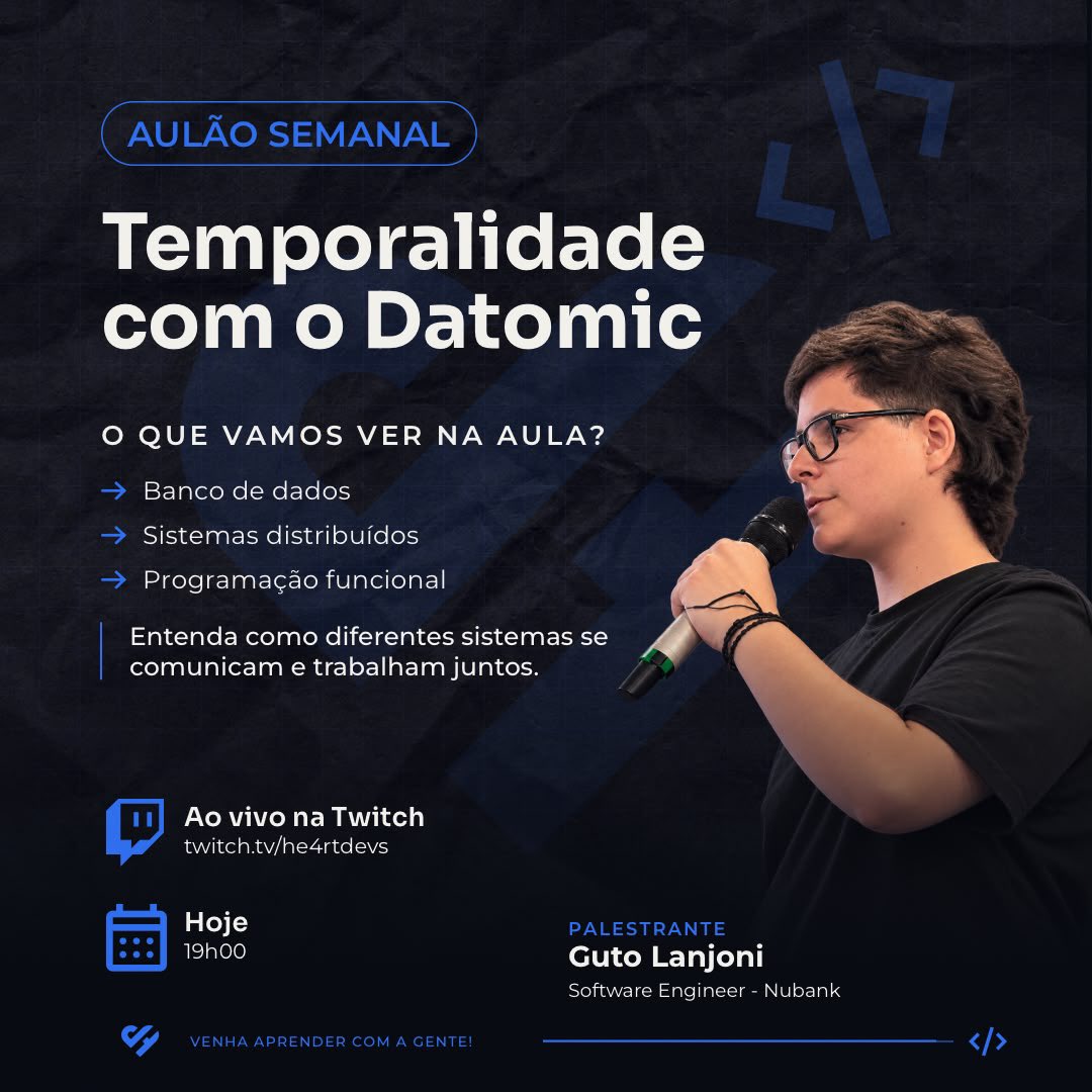 He4rtDevs's tweet photo. Hoje, às 19h, tem aulão com Guto @gutolanjoni, do Nubank 💜

Vamos falar de Temporalidade com o Datomic, bancos de dados e sistemas distribuídos.

📺 https://t.co/Rto4kRPpCG https://t.co/MOuUXVk6af