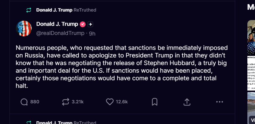 AryoSomeGumul's tweet photo. Trump: „Tylko ja jeden mogłem zapewnić uwolnienie więźnia z Rosji bez oddawania niczego w zamian”  Trump dosłownie dziesięć minut później: „Teraz wy idioci wiecie, dlaczego musiałem zawiesić sankcje na Rosję, nie miałem szans na to uwolnienie więźnia w żaden inny sposób” https://t.co/8MfXpjK0ng