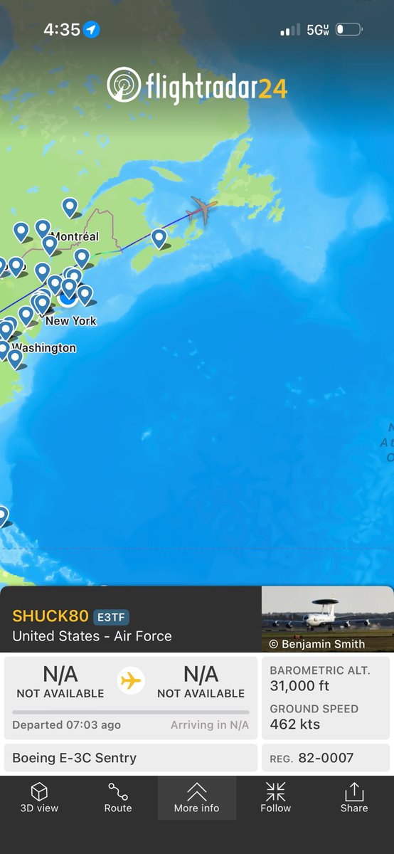 intelFromBrian's tweet photo. A US early warning aircraft is on the way to the Middle East, likely stopping in Europe first https://t.co/Vrce4CyecF