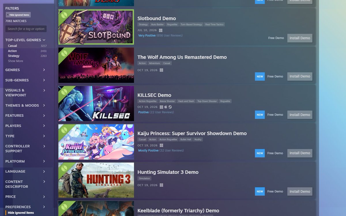 NoQuarterSoft's tweet photo. Feels good to be in the top 100 ish demos in Next Fest with over 8000 demos available. Go play KILLSEC https://t.co/48oZIFyw6k