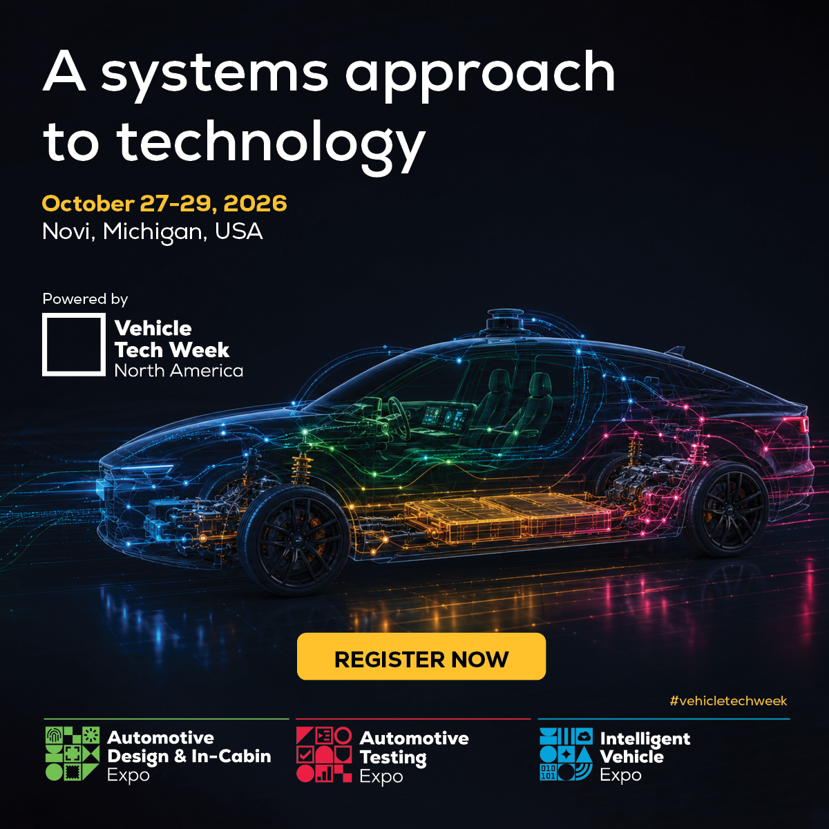 MichAuto's tweet photo. Create new connections and see the industry in action during Vehicle Tech Week North America 2026, in Novi, Michigan, from October 27–29, 2026. Across three co-located exhibitions, the event connects testing and validation, intelligent vehicle technology, design and in-cabin experience, chassis and powertrain engineering. 

MichAuto's Drew Coleman will discuss Detroit’s automotive industry today and where one of the world’s most important mobility ecosystems goes next at 10 a.m. on Oct. 27.

Register to attend at:
https://t.co/mJXq2aXYVH