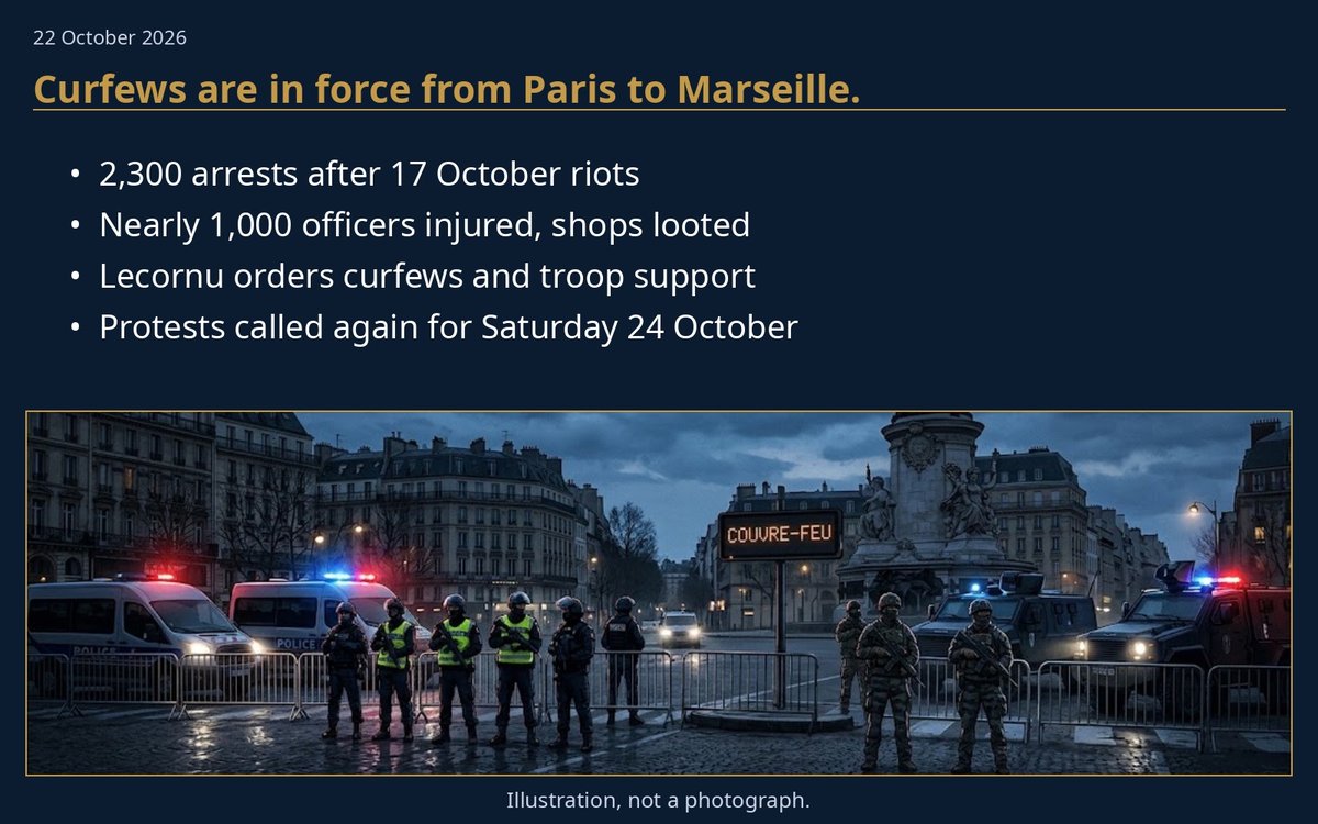 SpiritsView's tweet photo. Curfews are in force from Paris to Marseille. Troops will join police for Saturday's protests. The marches that began over school buildings have become the worst unrest in years.

On Saturday 17 October nationwide marches against the cost of living and underfunded schools turned into riots in Paris, Marseille, Lyon and other cities. 

Police made more than 2,300 arrests. Nearly 1,000 officers were injured. Shops and public buildings were looted or set on fire. One protester died of a cardiac arrest in Paris. 

Interior Minister Laurent Nunez offered to resign after saying police had lost control in some cities. President Emmanuel Macron refused the resignation. 

Prime Minister Sebastien Lecornu ordered targeted curfews, some limited to minors, and said troops would reinforce police for further protests called for Saturday 24 October. 

The student union UNEF has pledged to maintain pressure. Macron has criticised foreign comments that blamed the unrest on migrants.

The shops that were looted and the students who marched for better classrooms sit in the same week. 

Whether the anger that filled both is inside the life you count as yours does not wait for the next Saturday.

---  Historical Context  --- 

Watch the curfew zones next to the streets of May 1968, and the old argument returns.

In May 1968 student protests began at the Nanterre campus of the University of Paris over housing rules that kept men and women apart. The demonstrations spread to the Latin Quarter and then to factories. 

By late May more than 10 million workers were on strike. President Charles de Gaulle left Paris briefly for a military base in Germany, fearing the army might be needed. He returned and called elections. The strikes ended. The Fifth Republic survived. 

The students had argued that the university and the state no longer matched the lives people lived. The government argued that order had to be restored before any reform could be discussed. Neither sentence closed the gap that brought people into the streets.

Lecornu is arguing that curfews and troops will restore order. The students are arguing that the schools and the cost of living have not been addressed. The Saturday march is the next test of which argument holds the street.

---  Spiritual Perspective  --- 

Place the burned shops next to the classrooms that started the marches.

The Quran, in the women chapter, tells you to stand for justice even against yourselves. 

It names no curfew. It names the choice that keeps the person under the tear gas and the person who ordered the troop deployment inside the same frame. An attention horizon wide enough holds both.

Spirit here is that frame. The curfew can be real. The classroom can be real. 

Which persons stay inside the life you count as yours when the next Saturday arrives?