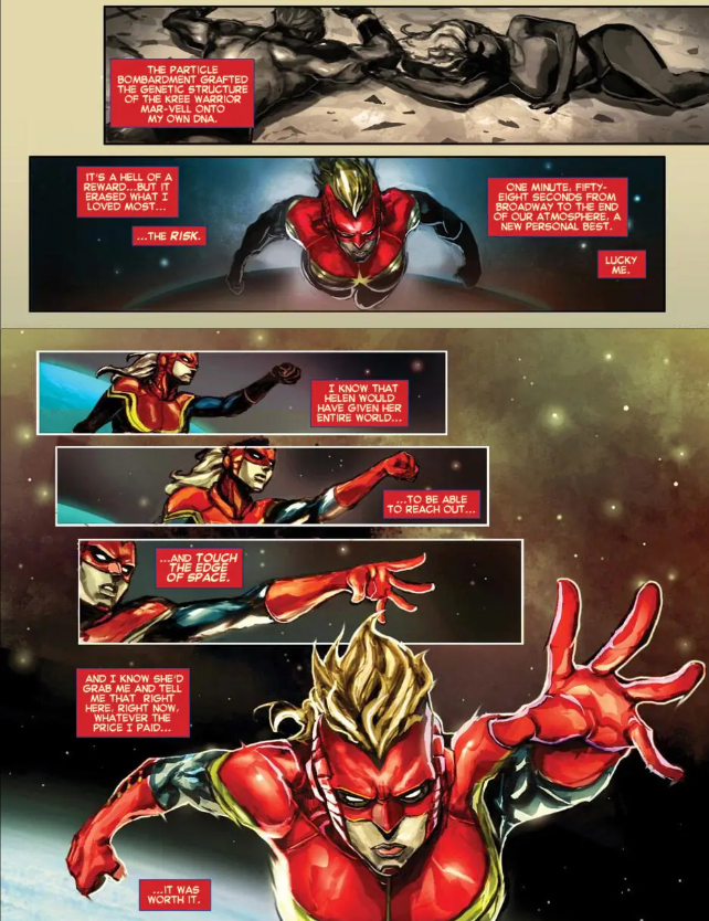 tuliptippytoe's tweet photo. Post Rogue carol has dealt with power loss 3 major times:

1-Busiek explored how losing binary was like losing her rebuilt life
2-Reed as Cru left her with unstable powers, which tied into her run long fear of herself
3-KSD explored the importance of flight to her identity https://t.co/jdPMx9ouDR