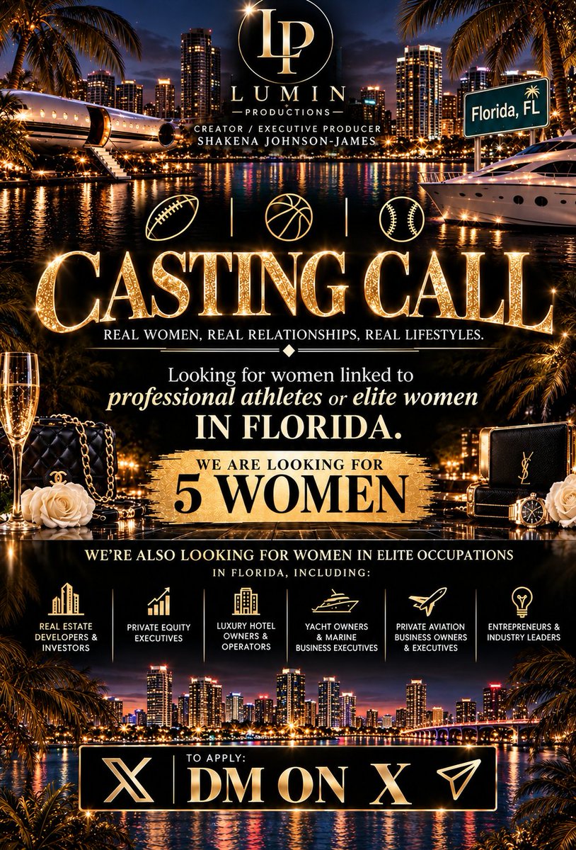 LuminProd's tweet photo. ✨ FLORIDA, WE’RE LOOKING FOR YOU. ✨

Lumin Productions is searching for 5 women connected to professional athletes, elite lifestyles, and Florida’s most exclusive circles. 🌴🥂

Think you have what it takes? 👀 DM US NOW! Spots are running out https://t.co/0uL9gyaI3t