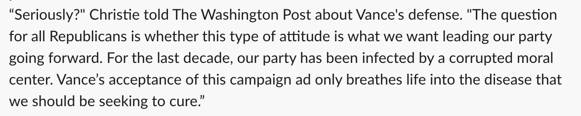 merica's tweet photo. I asked Chris Christie, former New Jersey governor and Vivek Ramaswamy's fiercest critic during the 2024 nomination fight, about the attack ad and Vance's defense.

"For the last decade, our party has been infected by a corrupted moral center," he said.

Full comment here: https://t.co/kkzrYrgw2e