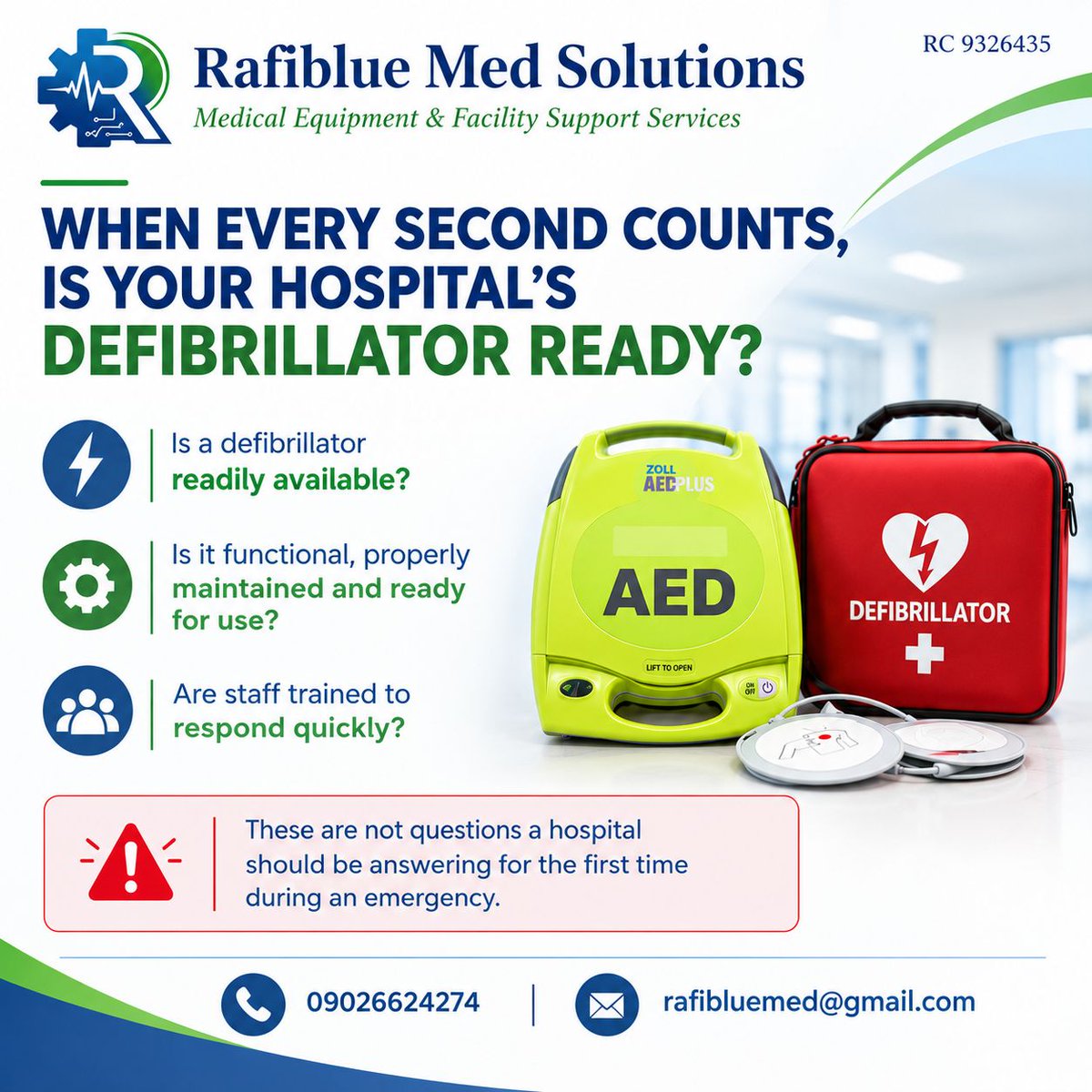 ajokefakile's tweet photo. When every second counts, your hospital must be ready.

A defibrillator is only useful in an emergency if it is accessible, functional, properly maintained and supported by trained staff.

Equipment readiness cannot wait for an emergency.

#PatientSafety #Healthcare https://t.co/l3TFszkKeA