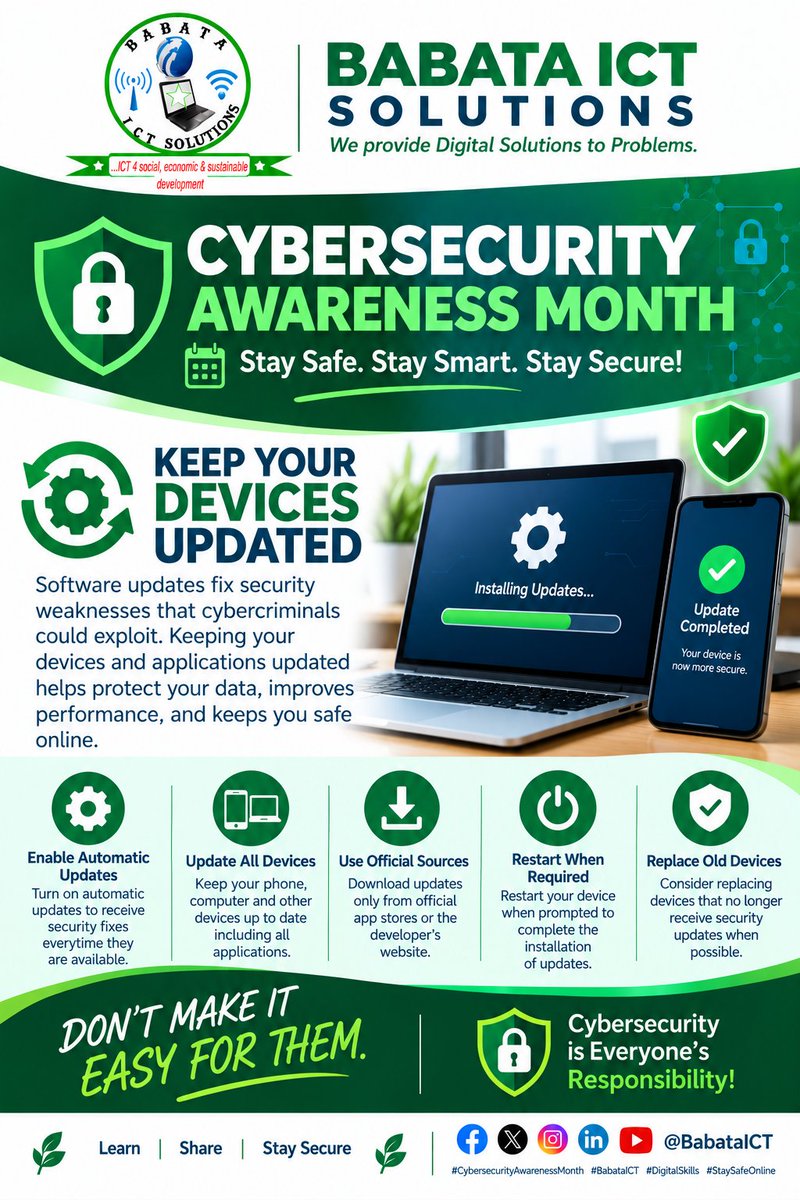 BabataICT's tweet photo. 🔒 Stay secure, stay updated.
Your safety is one update away!
DON'T DELAY, UPDATE TODAY!
#BabataICT #NITDA #NCC #ITU #NDPB #CyberSecurityAwarenessMonth
#BeCyberAware #BeCyberSafe #BeCyberSmart #CyberSecurity #MFA #AccountSecurity #StaySafeOnline https://t.co/wAXN1YK8f7
