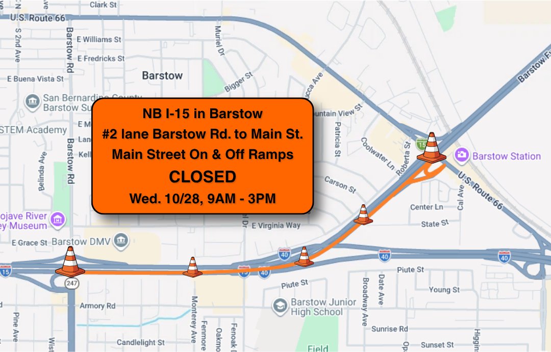 Caltrans8's tweet photo. SBCO: Caltrans will be conducting work on northbound Interstate 15 on Wednesday, October 28, from 9AM to 3PM in the @CityofBarstow. Crews will close the northbound #2 lane, along with the Main Street on and off ramps, to safely conduct bridge inspections and repairs. #Caltrans8 https://t.co/ufBTqwWqqT