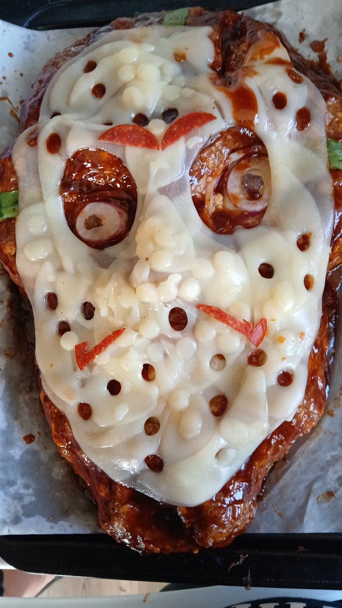 Super_Wintendo's tweet photo. Me and my family made our yearly Monster Meatloaf. This year we made the killer of Camp Crystal Lake, Jason Voorhees! #Crystallake #Fridaythe13th #Jasonvoorhees https://t.co/3wcOutWqVI