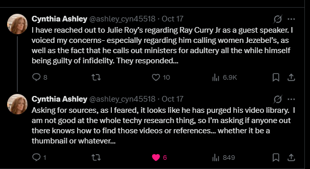 SamNotReallySam's tweet photo. 1/ Cynthia Ashley appears to be suggesting that Ray Curry Jr. of CHURCH Unlimited and The Unction has, perhaps, spoken openly about being unfaithful to his wife, Tabitha, and is now purging videos from the internet. https://t.co/XNF3kuzu5s