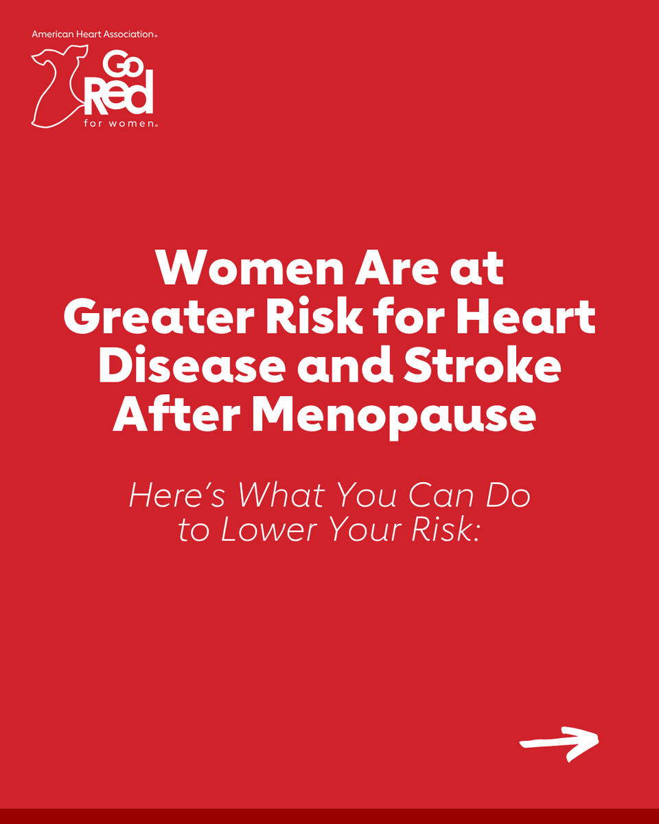 GoRedForWomen's tweet photo. Menopause can raise a woman’s risk for developing heart disease and stroke. 

Here’s how you can help lower your risk. https://t.co/iRX2ET6x4B
