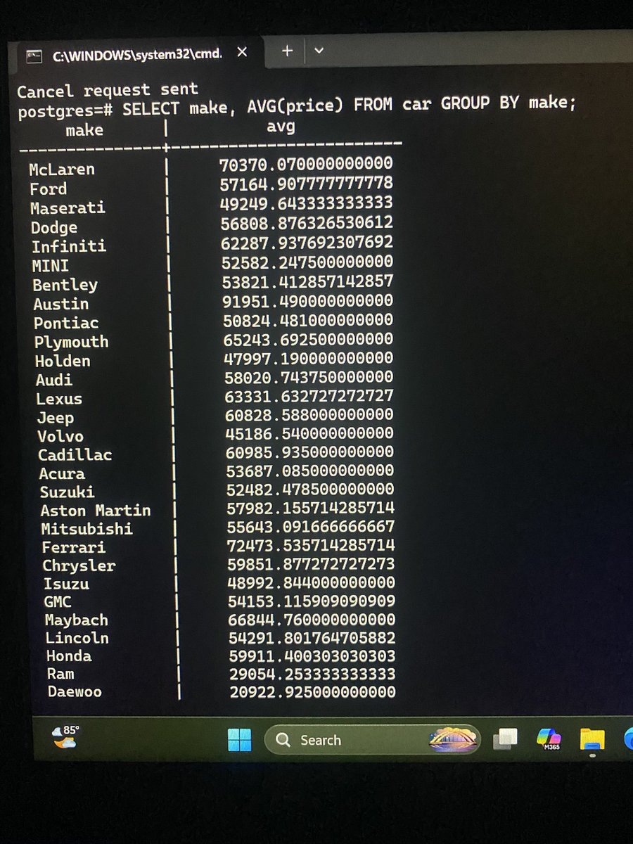 Horlah13711's tweet photo. Day 23/100 PostgreSQL 🗄️💻
Today, I Created another database in mockaroo and I explored arithmetic operators and aggregate functions in PostgreSQL, learning how to perform calculations using MAX(), MIN(), AVG(), and SUM().
#100DaysOfCode #PostgreSQL #SQL #BackendDevelopment https://t.co/IBPs8S5YGi