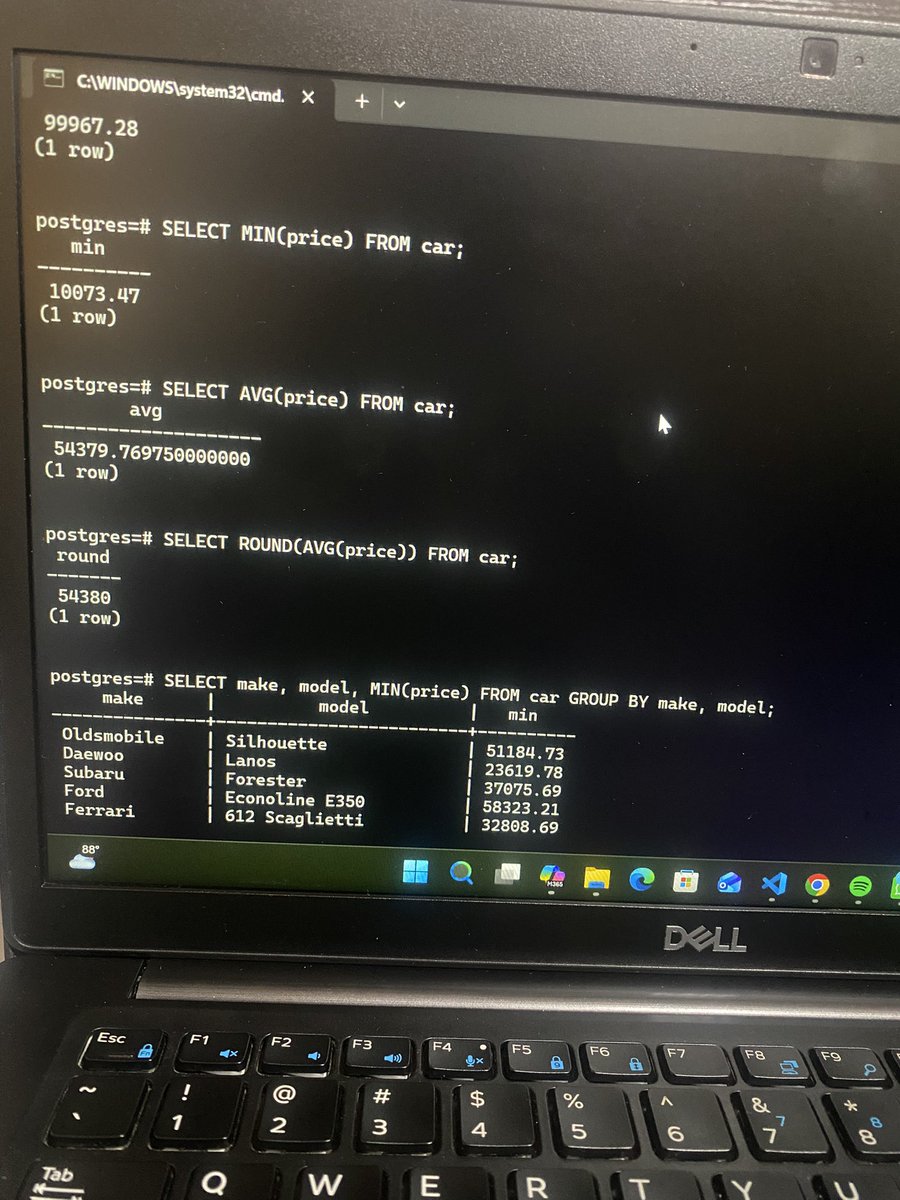 Horlah13711's tweet photo. Day 23/100 PostgreSQL 🗄️💻
Today, I Created another database in mockaroo and I explored arithmetic operators and aggregate functions in PostgreSQL, learning how to perform calculations using MAX(), MIN(), AVG(), and SUM().
#100DaysOfCode #PostgreSQL #SQL #BackendDevelopment https://t.co/IBPs8S5YGi