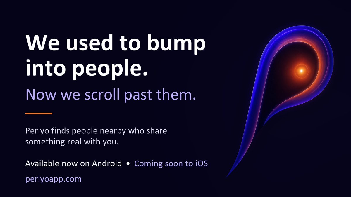 PeriyoApp's tweet photo. @CreativeGracey We used to bump into people. Now we scroll past them.

Periyo tells you when someone nearby shares something real with you: same hometown, same college, same niche obsession. Free on Android, iPhone coming soon.

https://t.co/n6xozYNJHj https://t.co/NuXwAvdg4U