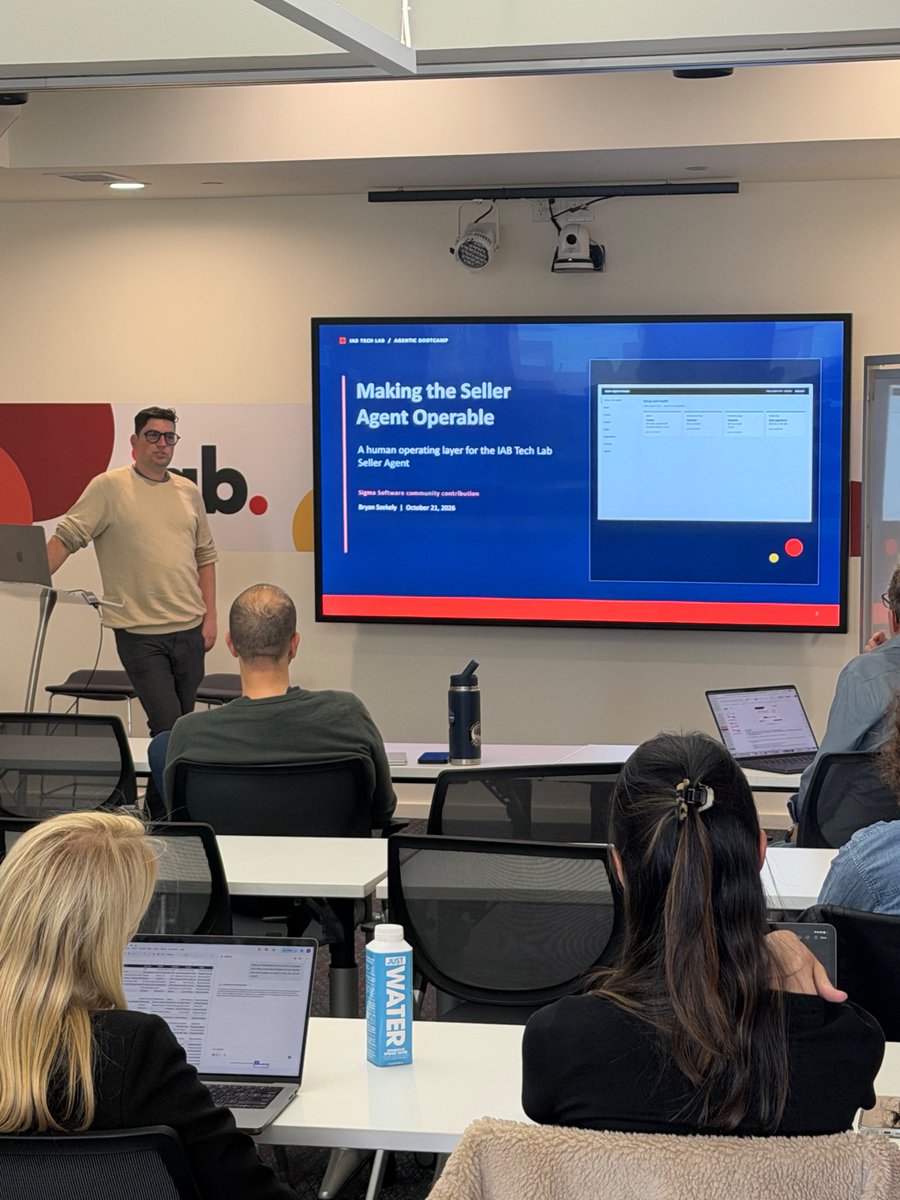 IABTechLab's tweet photo. We kicked off our October #AgenticBootcamp with Head of Agentic, Matthew Jacobs, discussing the future of AI-driven media buying and selling followed by Sigma Software's Bryan Szekely showing their upcoming AAMP donation including live demos of buyer &amp; seller agent interactions. https://t.co/p1BVmBowjF