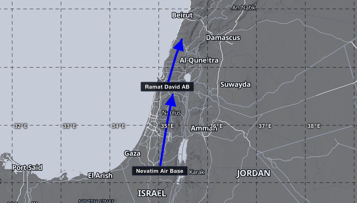 BeamTracker_'s tweet photo. 🔴🇮🇷🇮🇱UPDATE: Several fighter jets also just departed Nevatim Air Base in Israel, followed by aerial refuelling tankers at low altitude.

Additionally, two more squadrons took off from Ramat David Air Base. https://t.co/7tQk5wFjHW